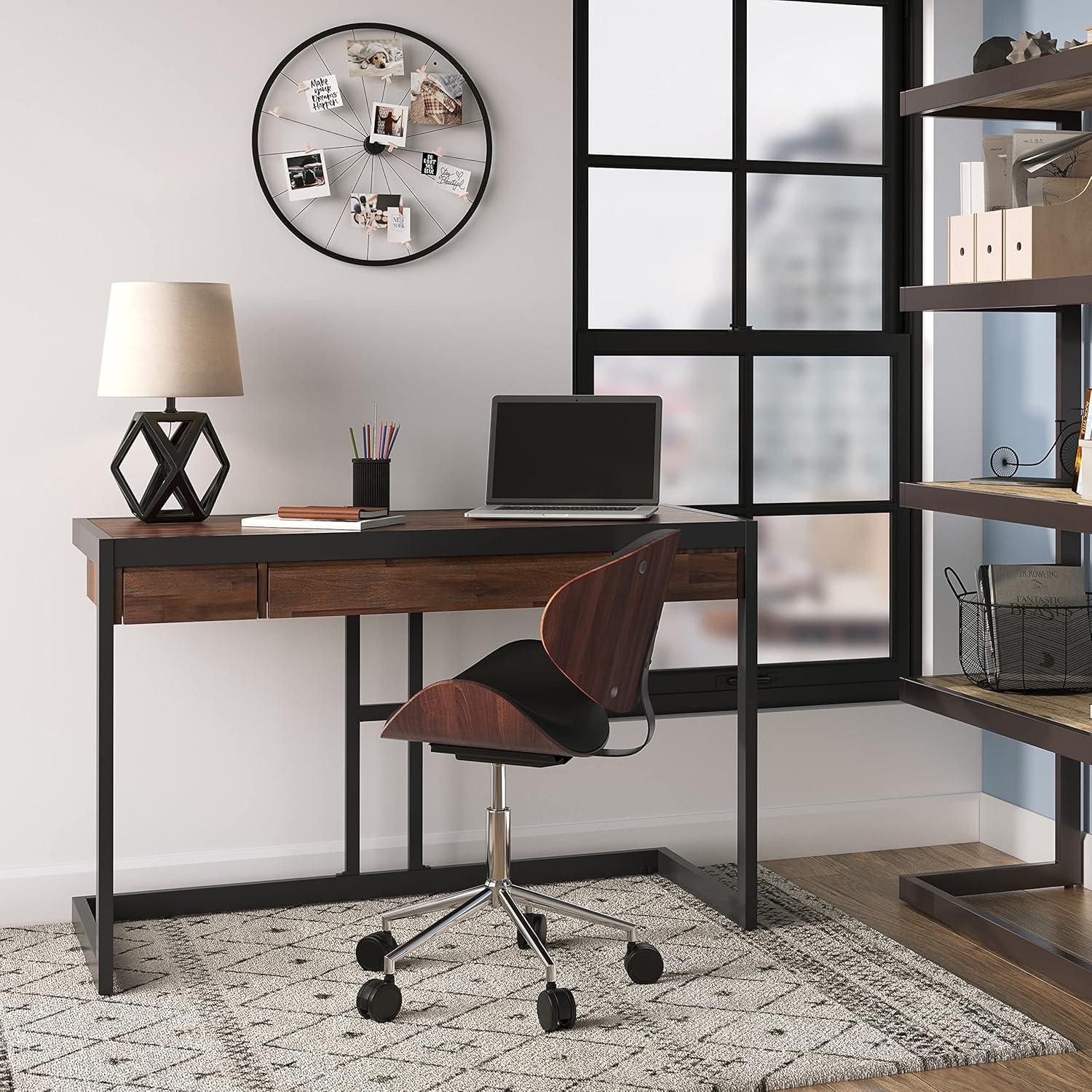 Simpli Home Erina SOLID ACACIA WOOD Modern Industrial 48 inch Wide Small Desk in Distressed Charcoal Brown