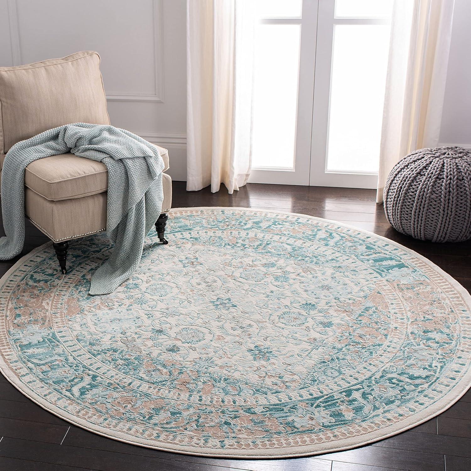 Ivory and Turquoise 9' x 12' Vintage Distressed Area Rug