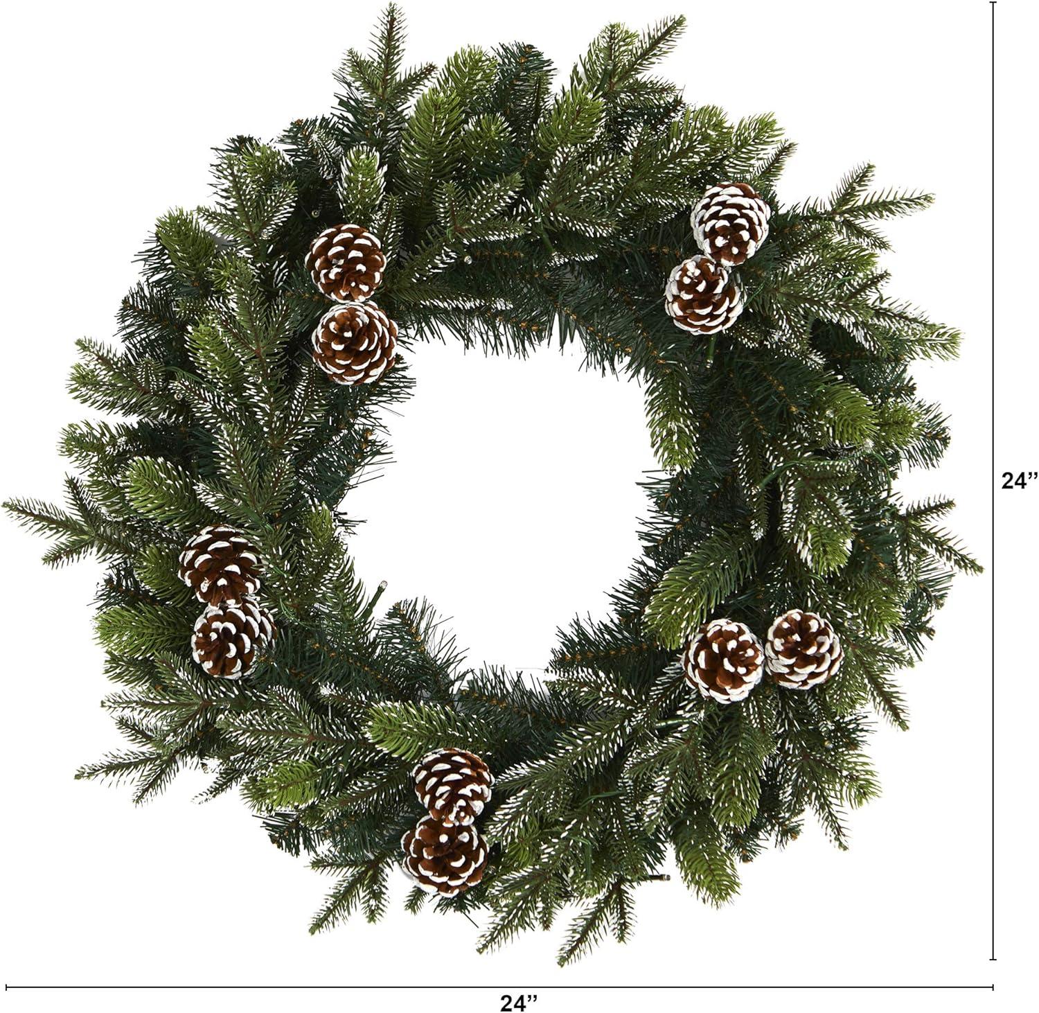 Nearly Natural 24” Snowed Pinecone Artificial Christmas Wreath with 35 Clear LED Lights