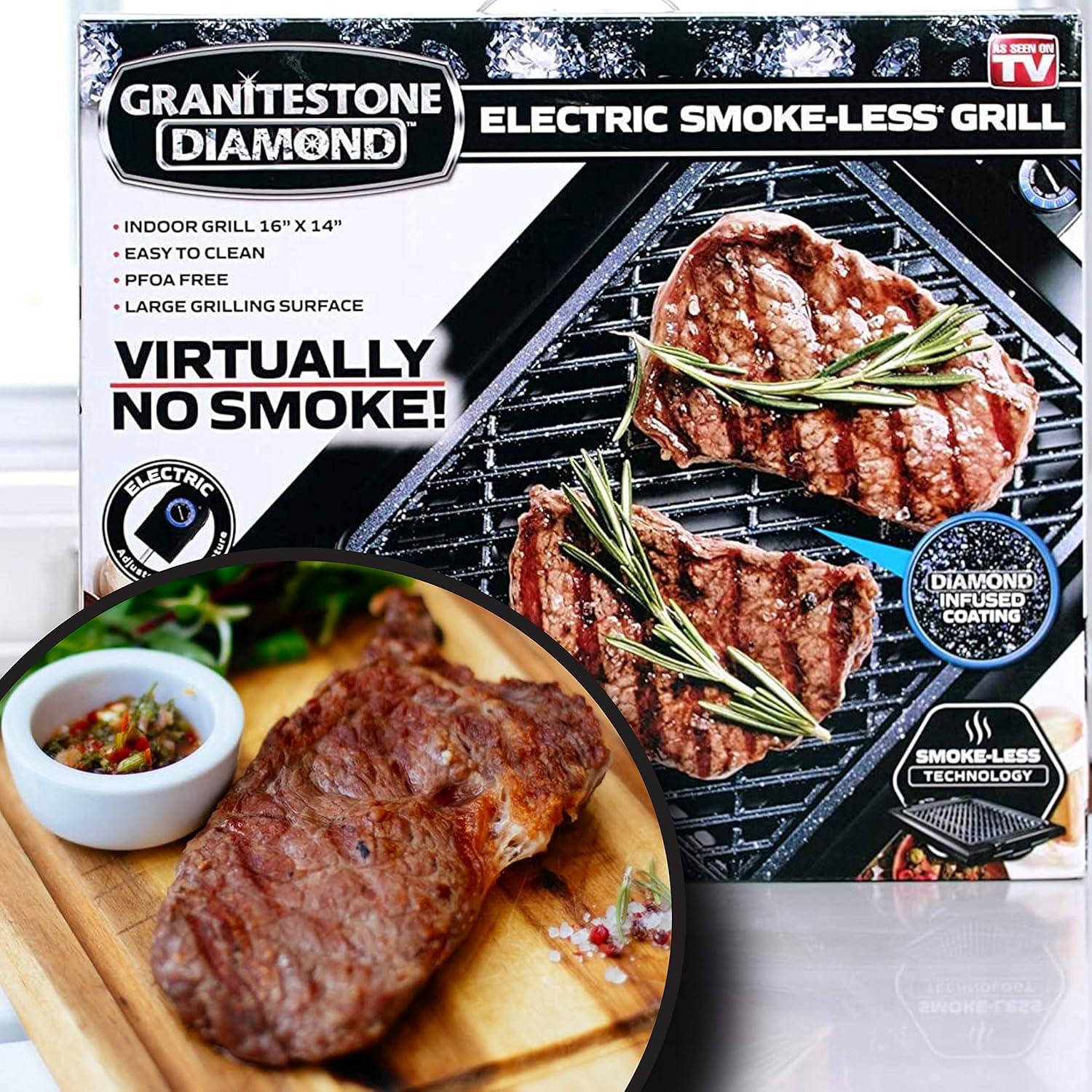 Granite Stone Indoor Nonstick Electric Smoke-Less Grill with Cool-Touch Handles and Adjustable Temperature Dial – Black, 16" x 14”
