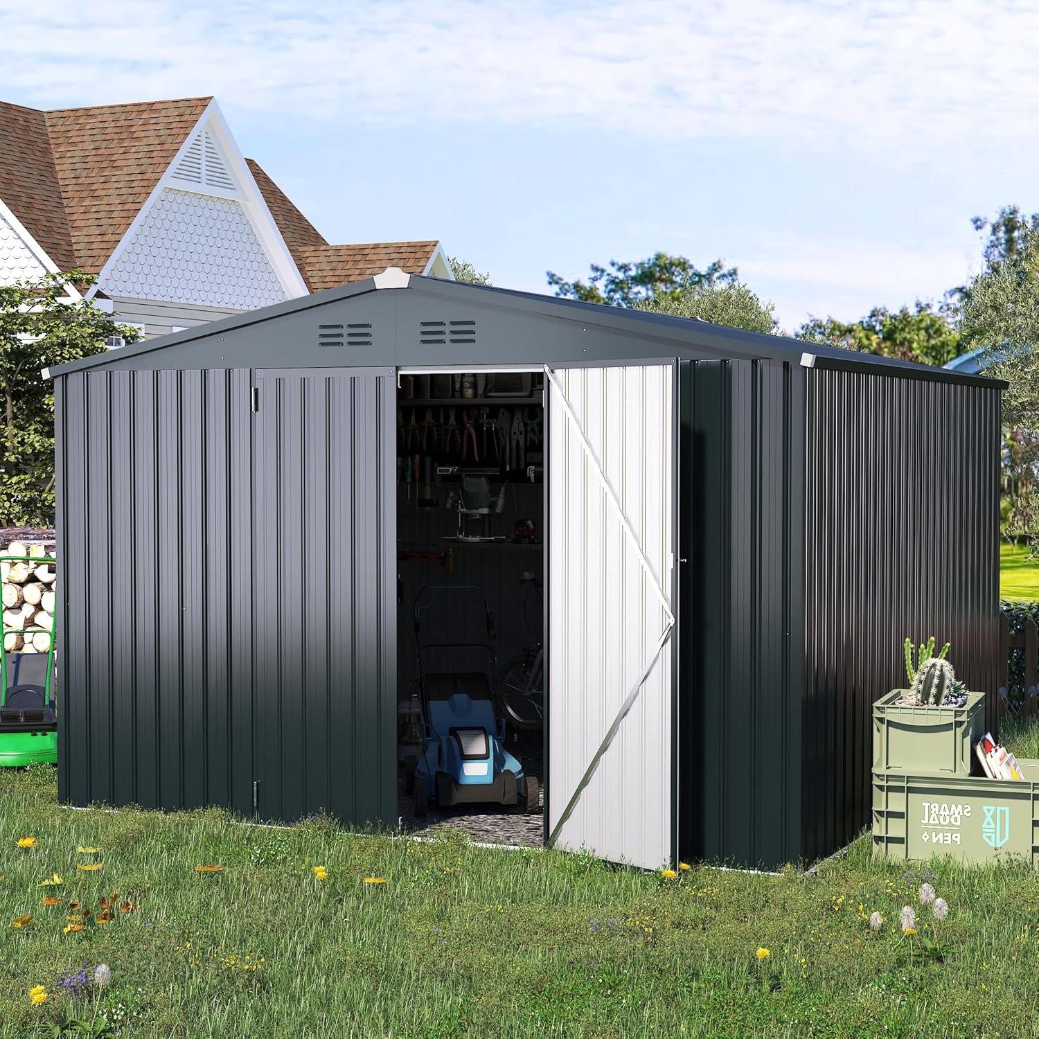 Dark Gray 10' x 10' Steel Outdoor Storage Shed with Lockable Doors