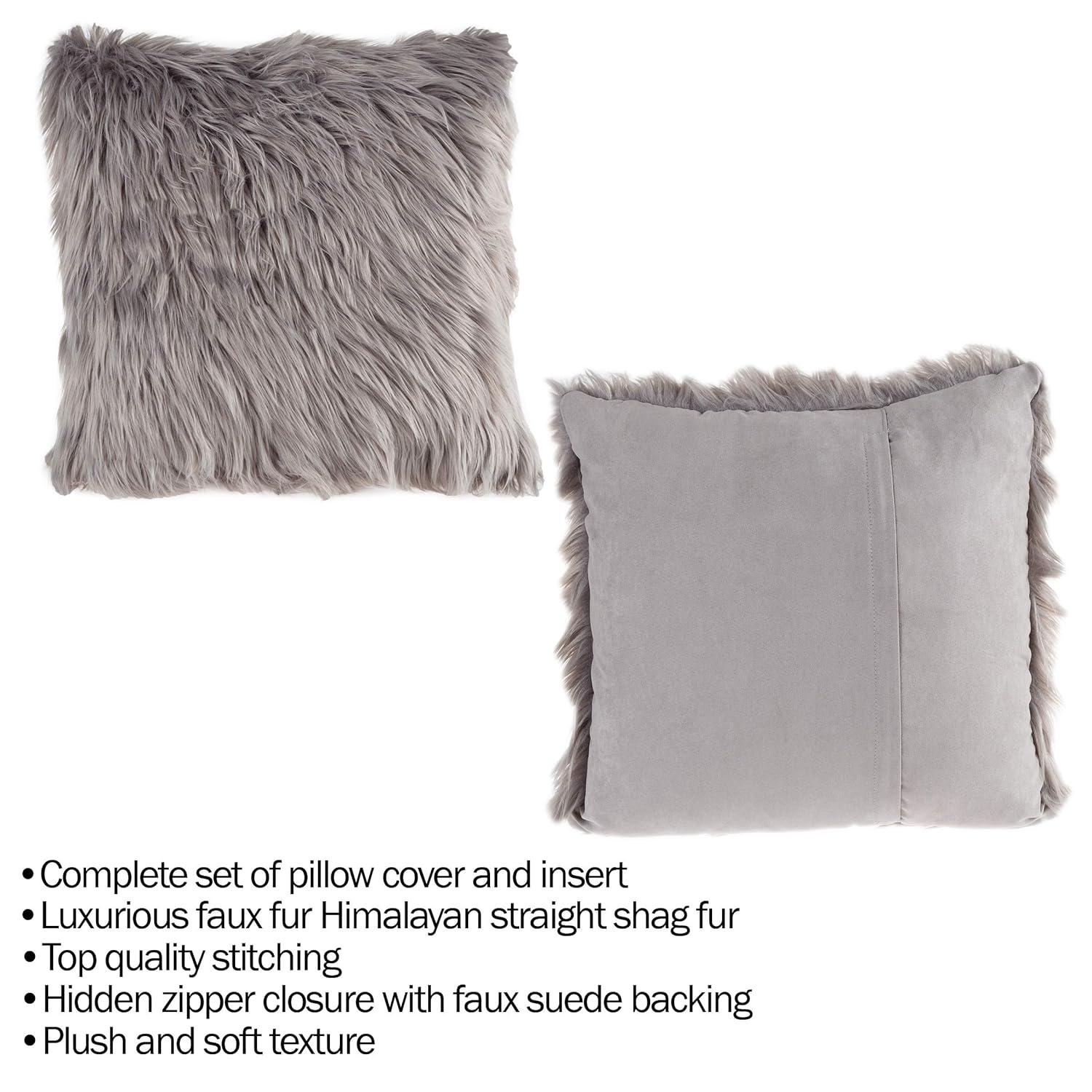 22-in. Plush Pillow Luxury Square Accent Pillow Insert and Shag Glam Cover Set for Bedroom or Living Room by Lavish Home (Gray)