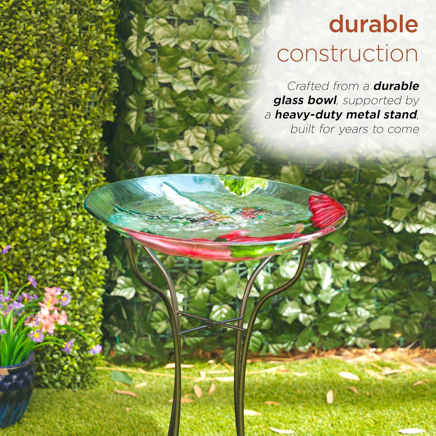 18" Multicolor Glass Birdbath with Metal Stand and Hummingbird Design