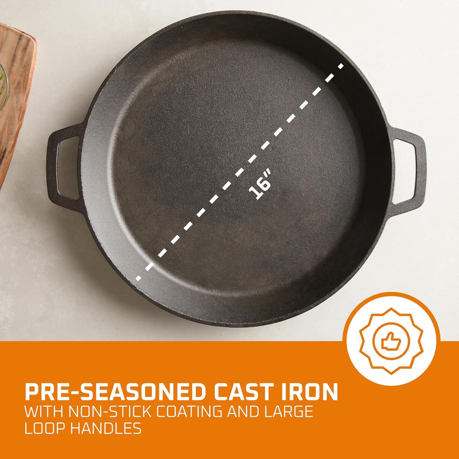 Bruntmor 16'' Pre-Seasoned Cast Iron Skillet with Double Loop Handles -Black