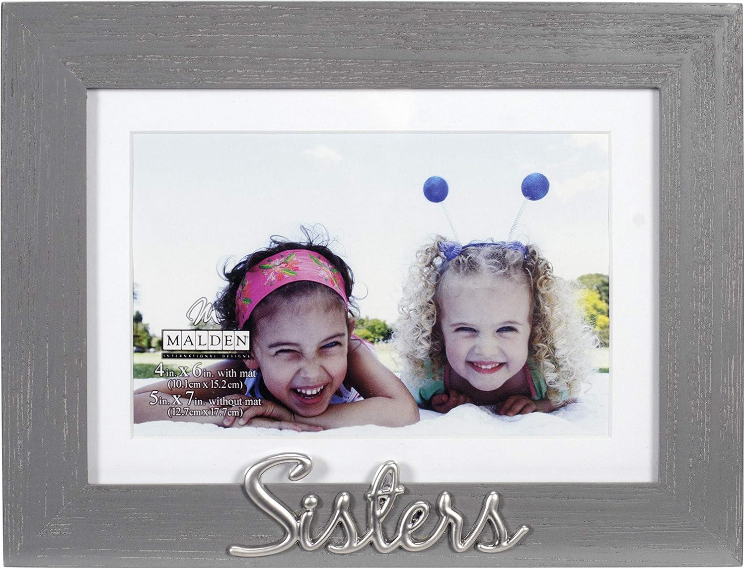 Gray Distressed Wood Sisters Picture Frame with Silver Script