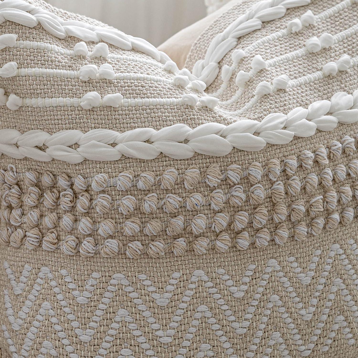 Boho Throw Pillow Cover 22X22, Large Decorative Accent Pillow for Couch, Square Woven Textured Pillowcase, Modern Boho Pillow for Bed, Bohemian Pillow Cover, Cream White (Pack of 1)