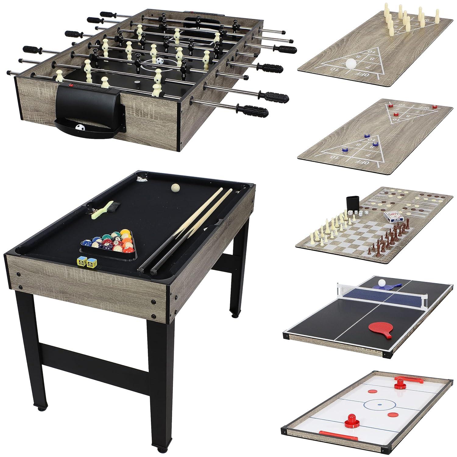 Sunnydaze Indoor Multi-Game Table with Billiards, Push Hockey, Foosball, Ping Pong, Bowling, and More - Classic Wood Stain