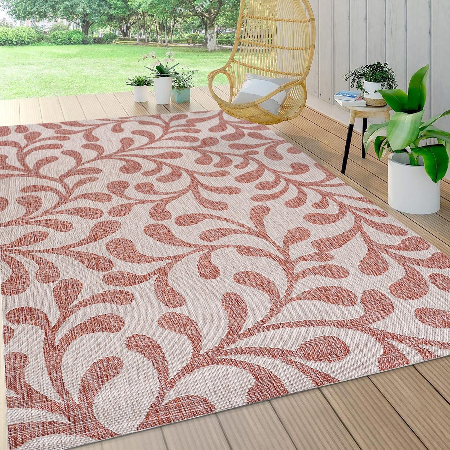 4'x6' Vine All Over Indoor/Outdoor Area Rug, Red/Beige - JONATHAN Y