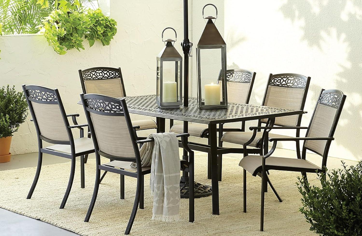 Hanover Lisbon 7-Piece Set: 6 Sling Stationary Chairs and 39 in. x 68 in. Cast-Top Dining Table in Tan, LISBON7PC-TAN