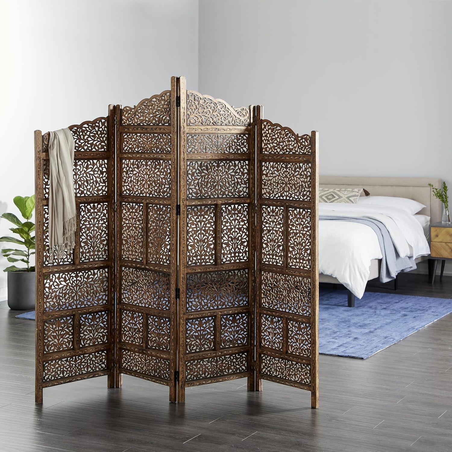 DecMode 80" x 72" Brown Wood Floral Handmade Foldable Arched Partition 4 Panel Room Divider Screen with Intricately Carved Designs, 1-Piece