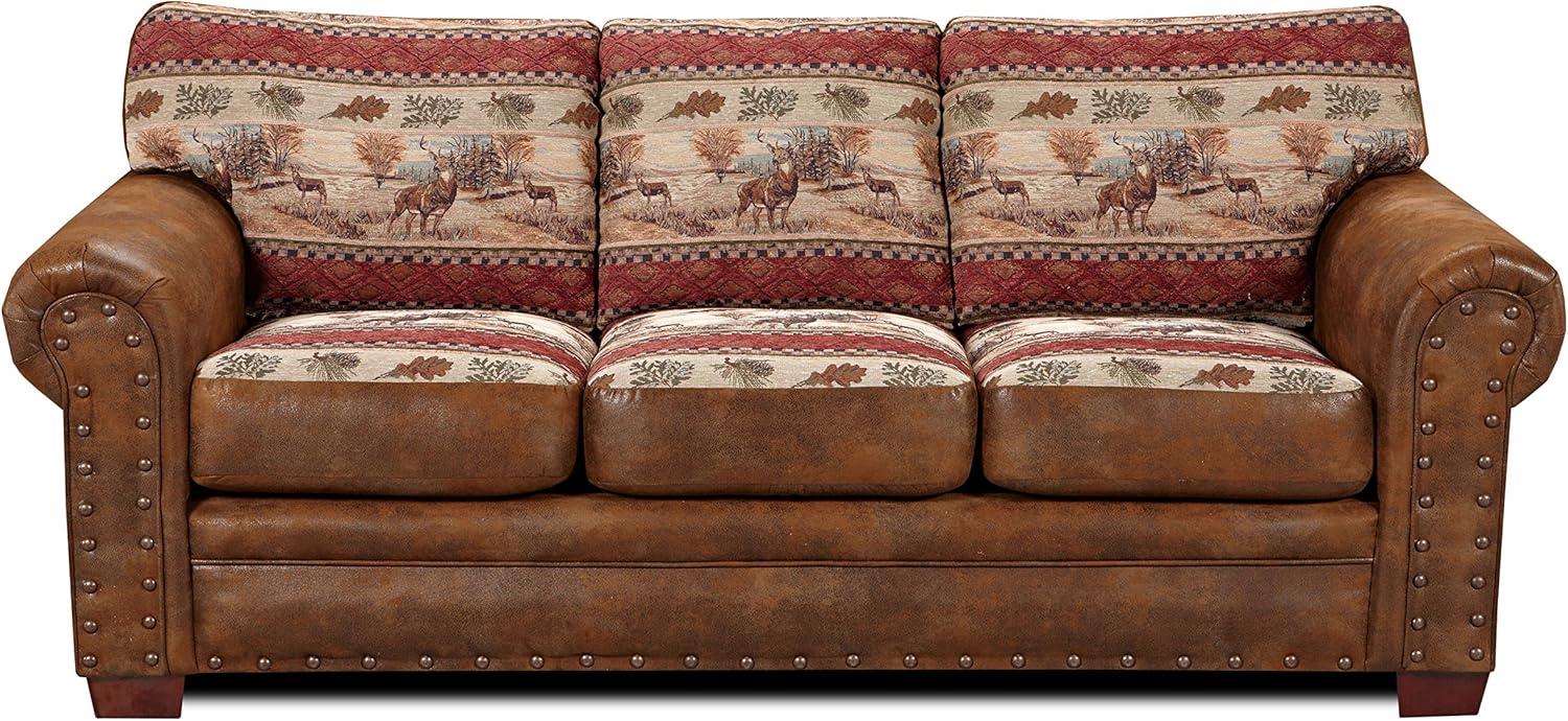 Brown Microfiber and Tapestry Lodge Sofa with Nailhead Trim