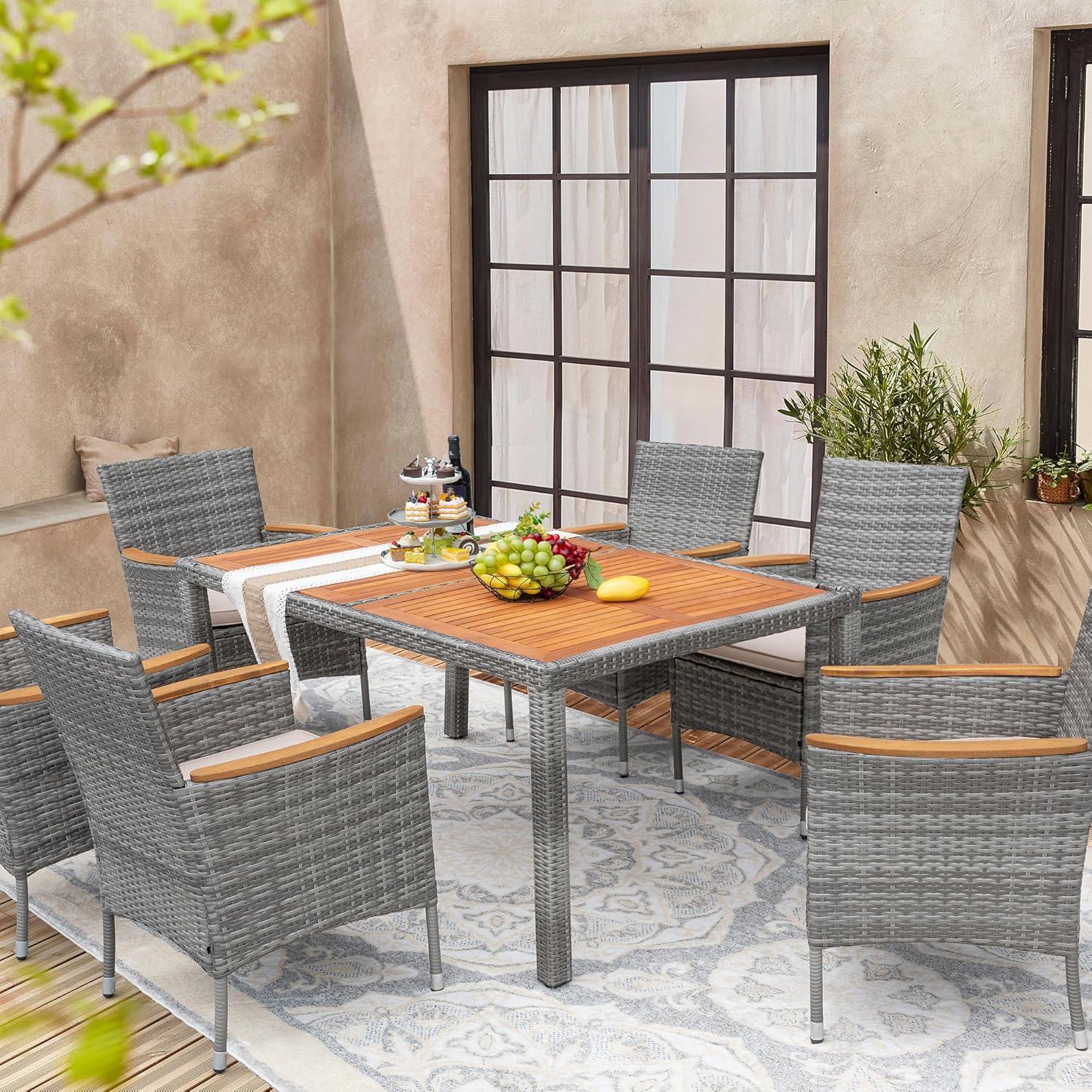 6-Person Gray Rattan and Acacia Wood Outdoor Dining Set