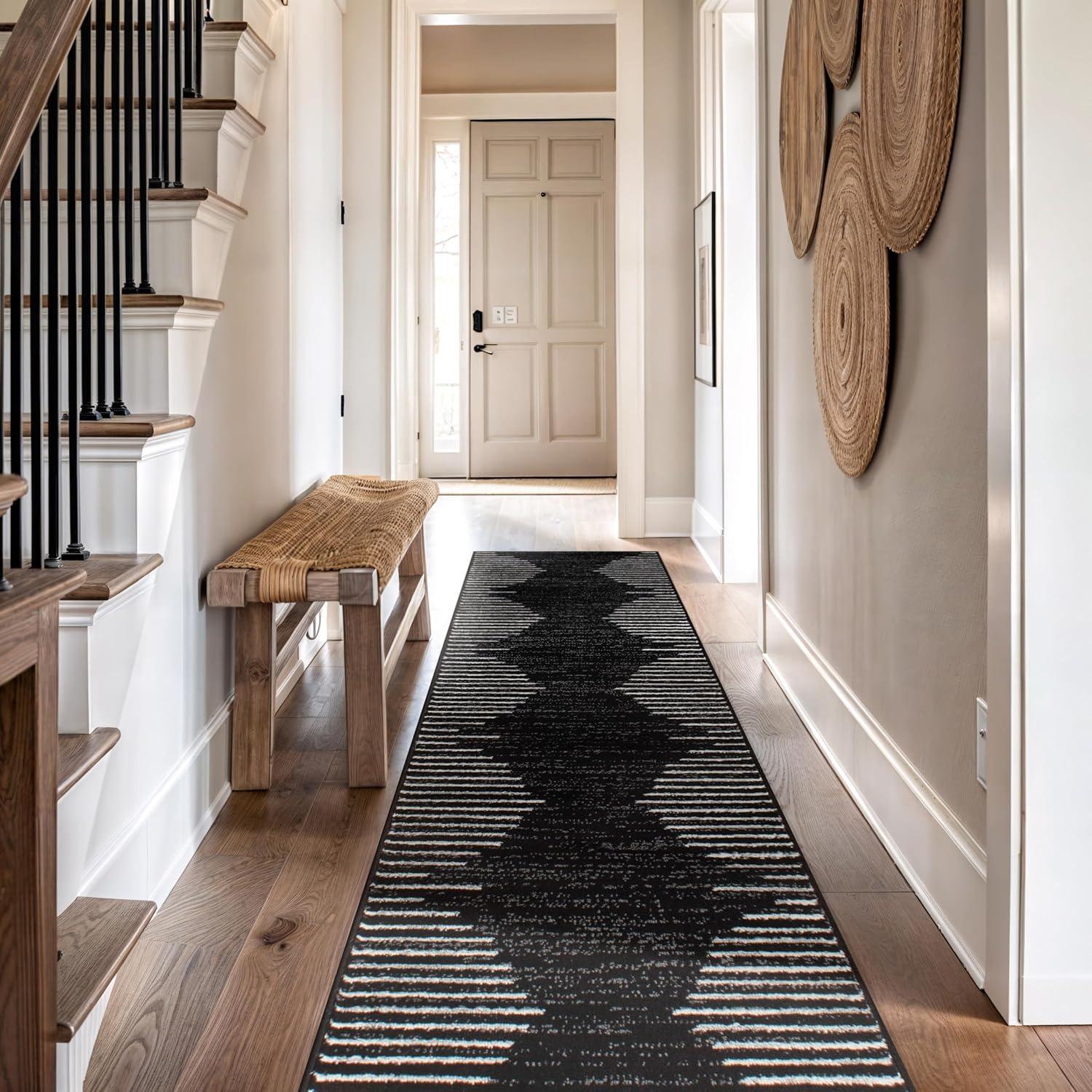 World Rug Gallery Area Rug Bohemian Stripe Jute Rug Carpets for Living Room Rugs for Sale - BLACK 2'7"x10'