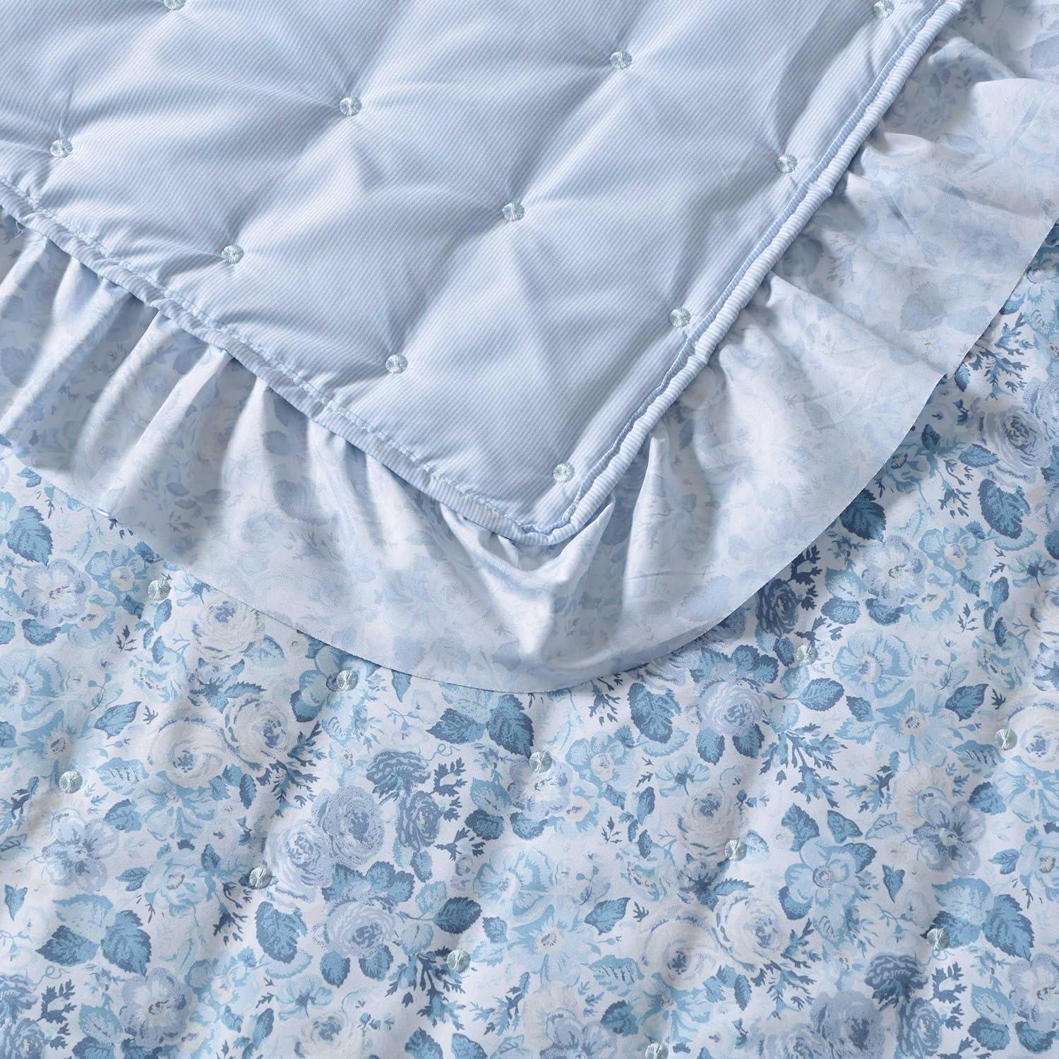 Twin Blue Microfiber Reversible Quilt Set with Ruffles