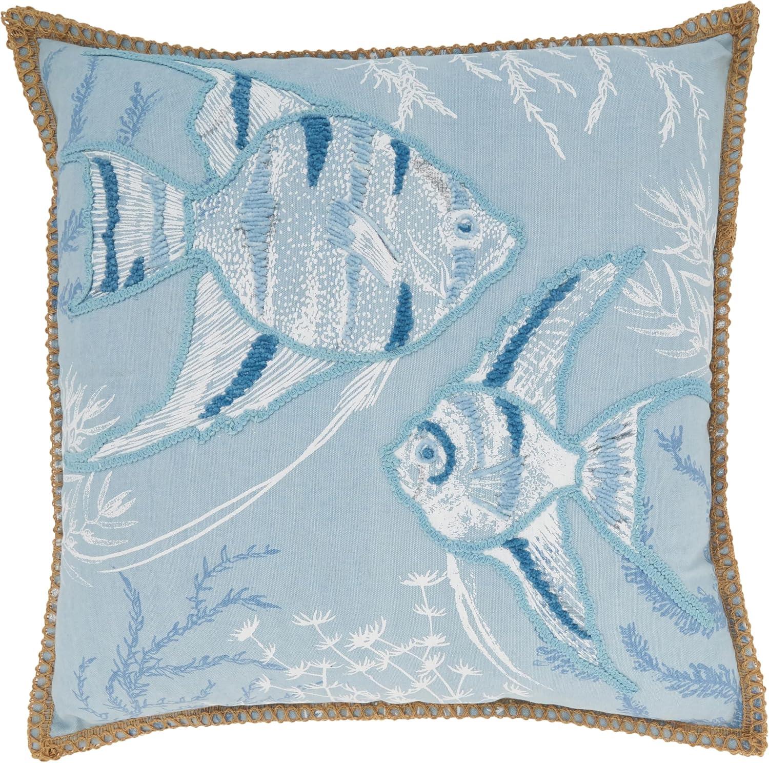 Seaside Splash Blue Cotton Fish Throw Pillow Cover 20x20