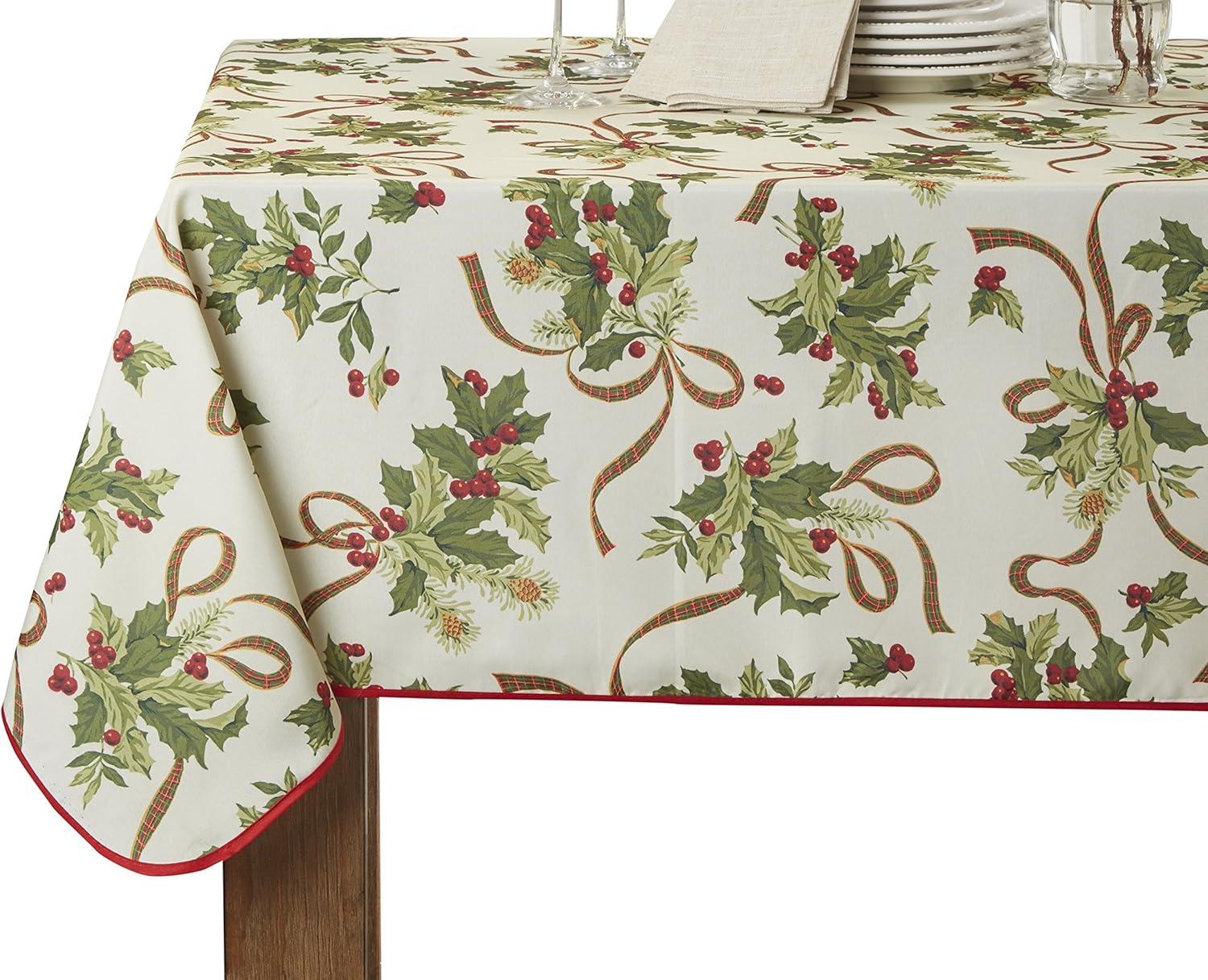 European Seasonal Christmas Ribbons Tablecloth Beige 52" X 70"