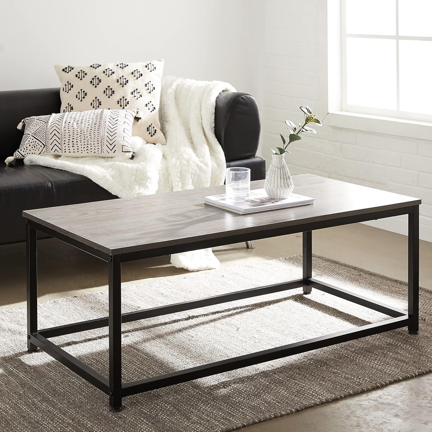 Dark Brown and Black Industrial Coffee Table with Metal Frame