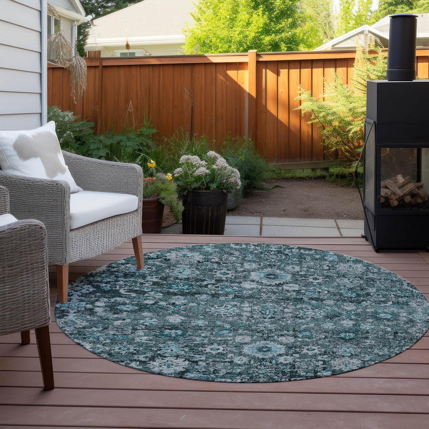 Teal and Gray Round Machine-Washable Synthetic Rug