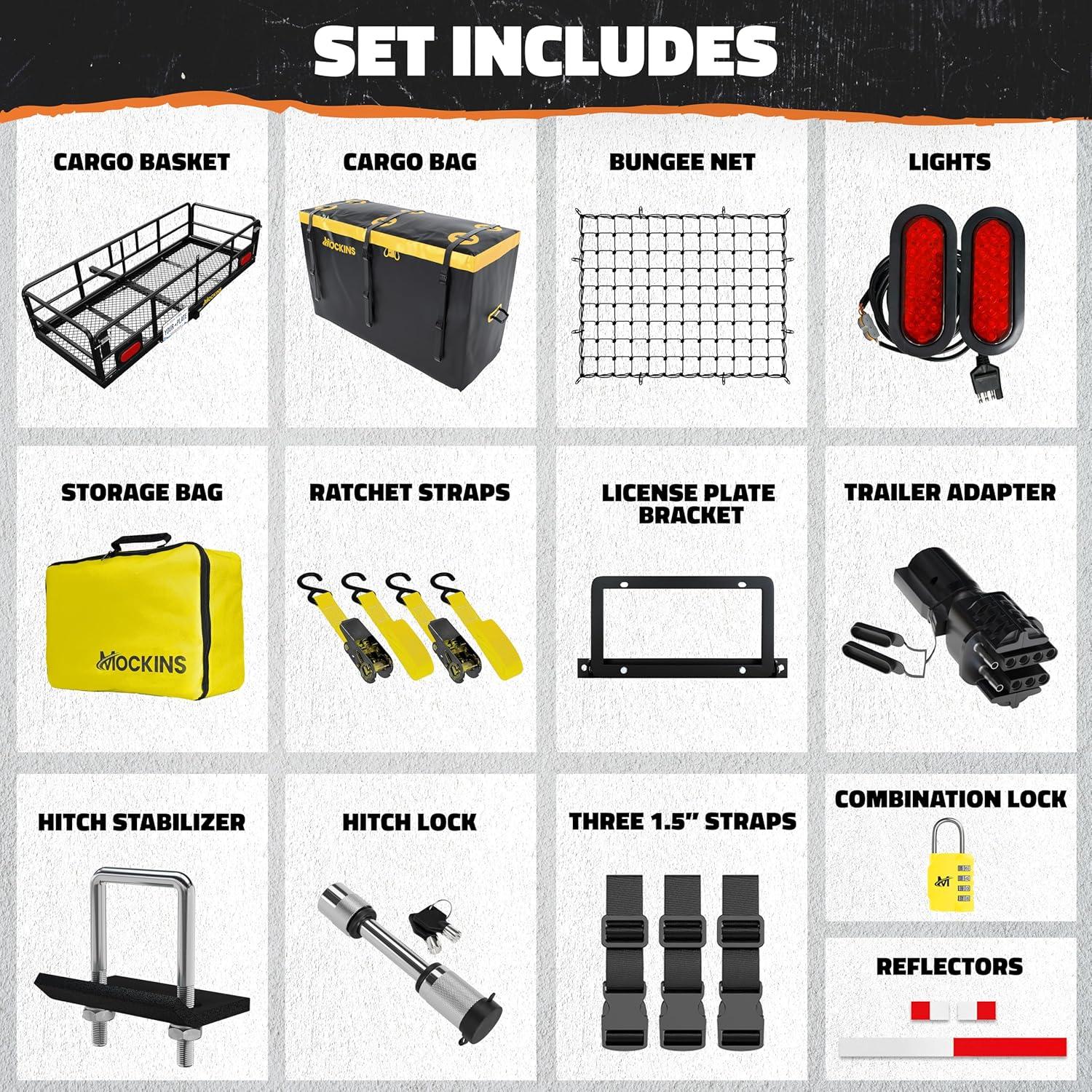 Mockins 60"x24"x14" High Rail Hitch Cargo Carrier with Rear Lights and 30 Cu.Ft. Yellow Cargo Bag