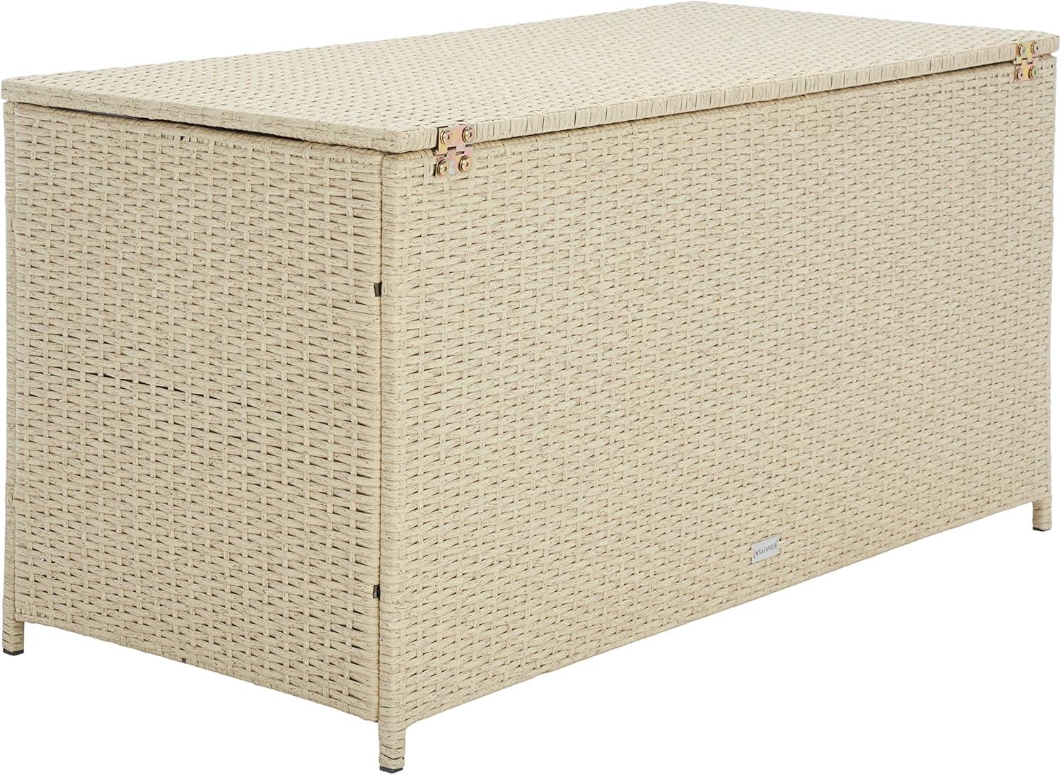 Oliveira Outdoor Cushion Deck Box - Beige/White Cushion - Safavieh