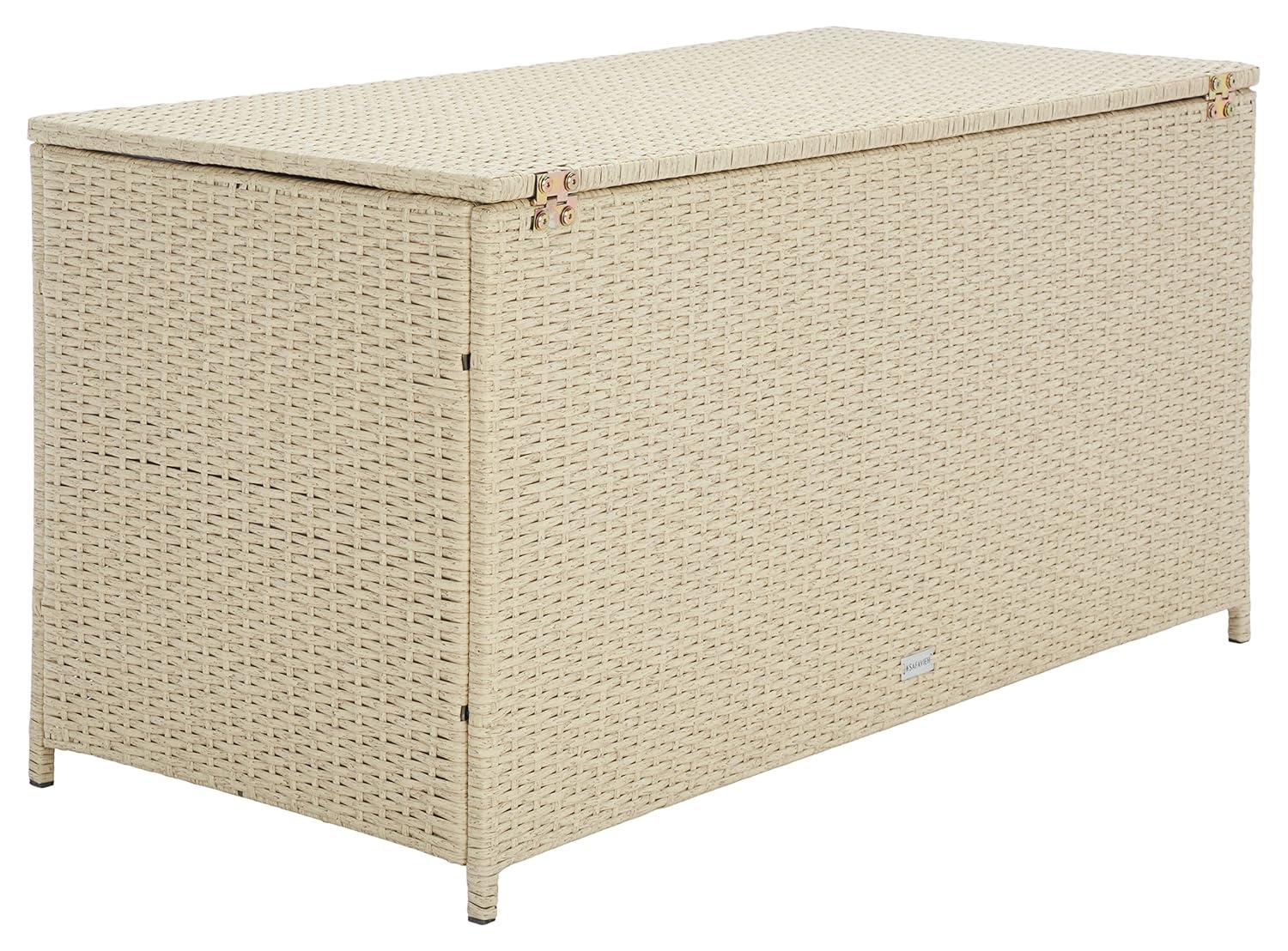Oliveira Outdoor Cushion Deck Box - Beige/White Cushion - Safavieh