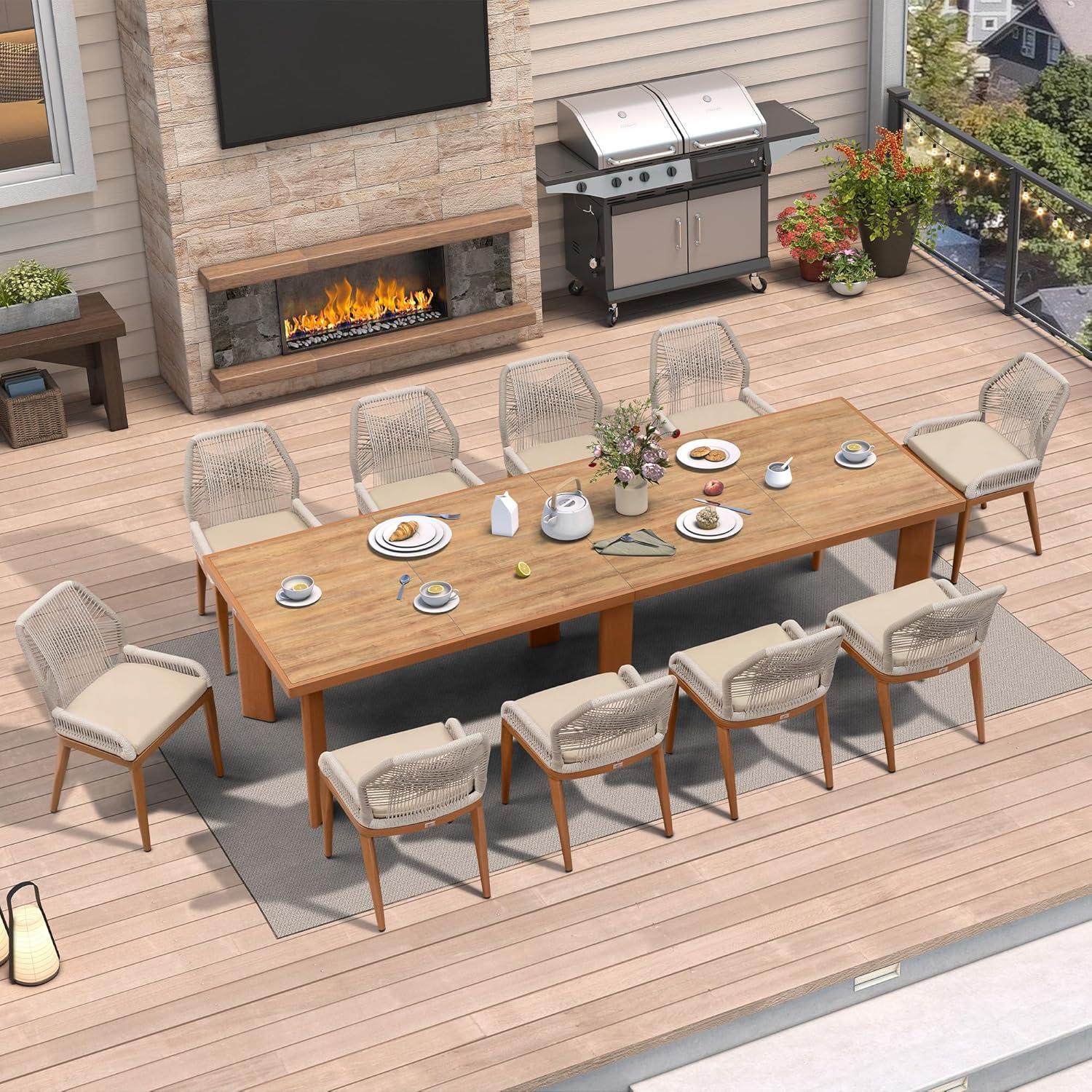 PURPLE LEAF 7 Pieces Patio Dining Set Aluminum Rectangular Table and Wicker Chairs with Cushions for Kitchen Porch Garden Modern Outdoor Furniture Sets, Beige and Dark Grey