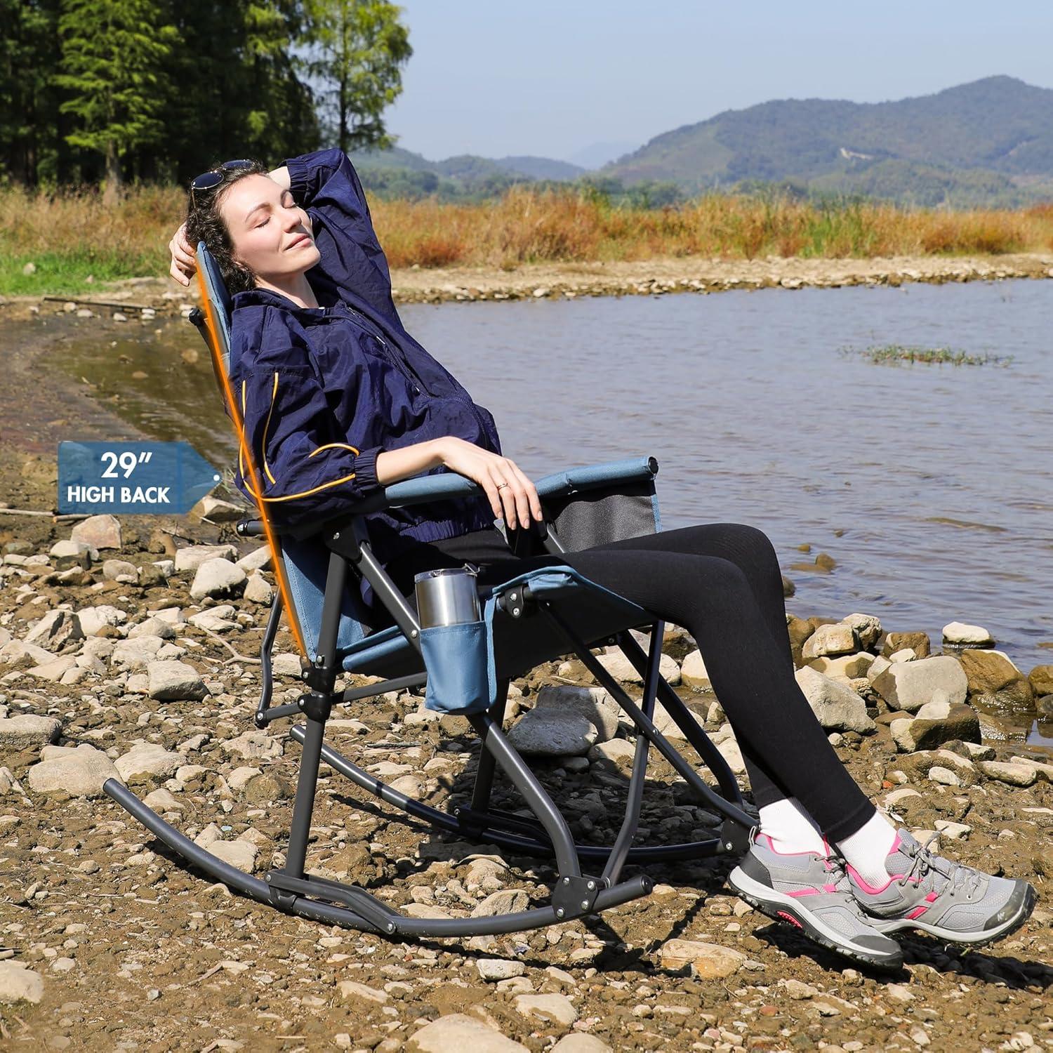 Blue Oversized Folding Rocking Camping Chair with Mesh Back and Armrests