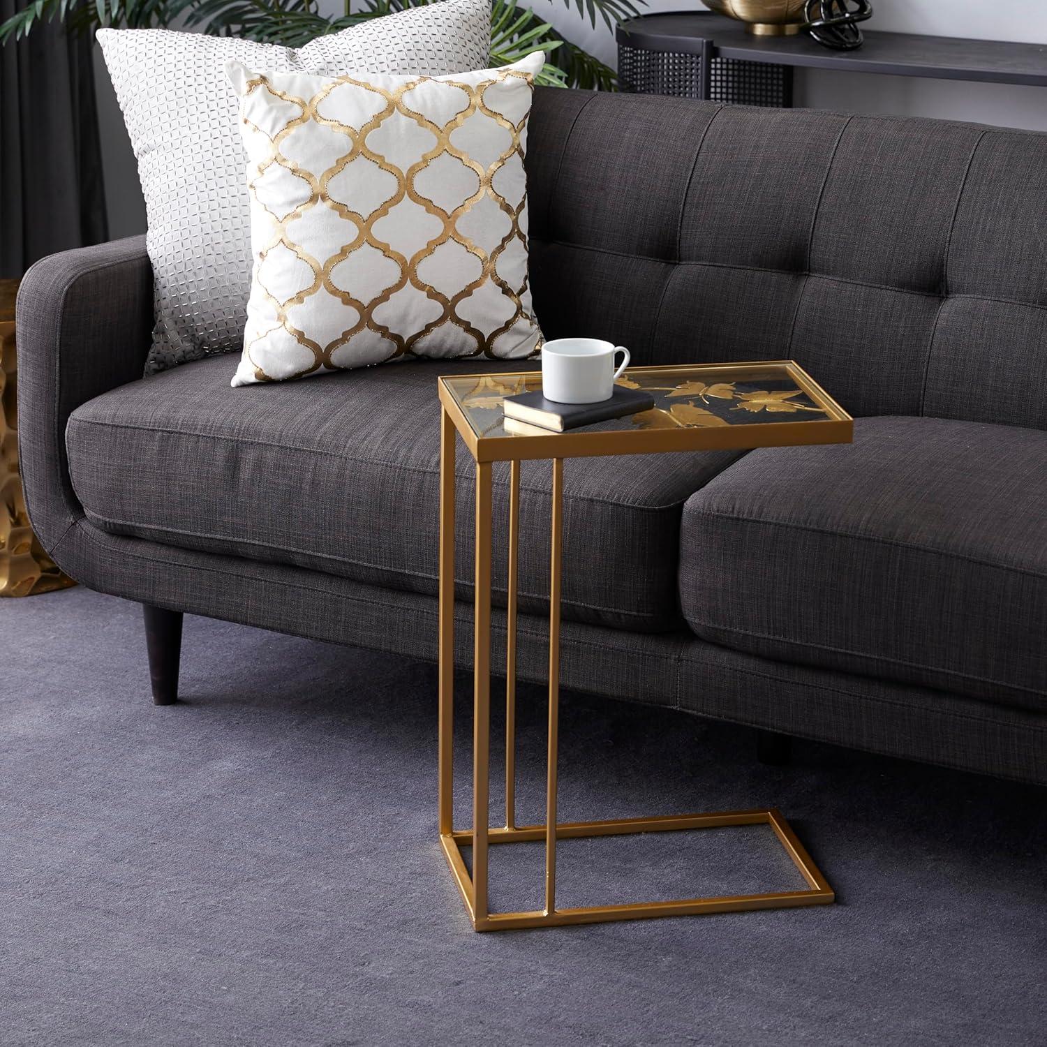 Elegant Gold Metal and Clear Glass C-Shaped Accent Table