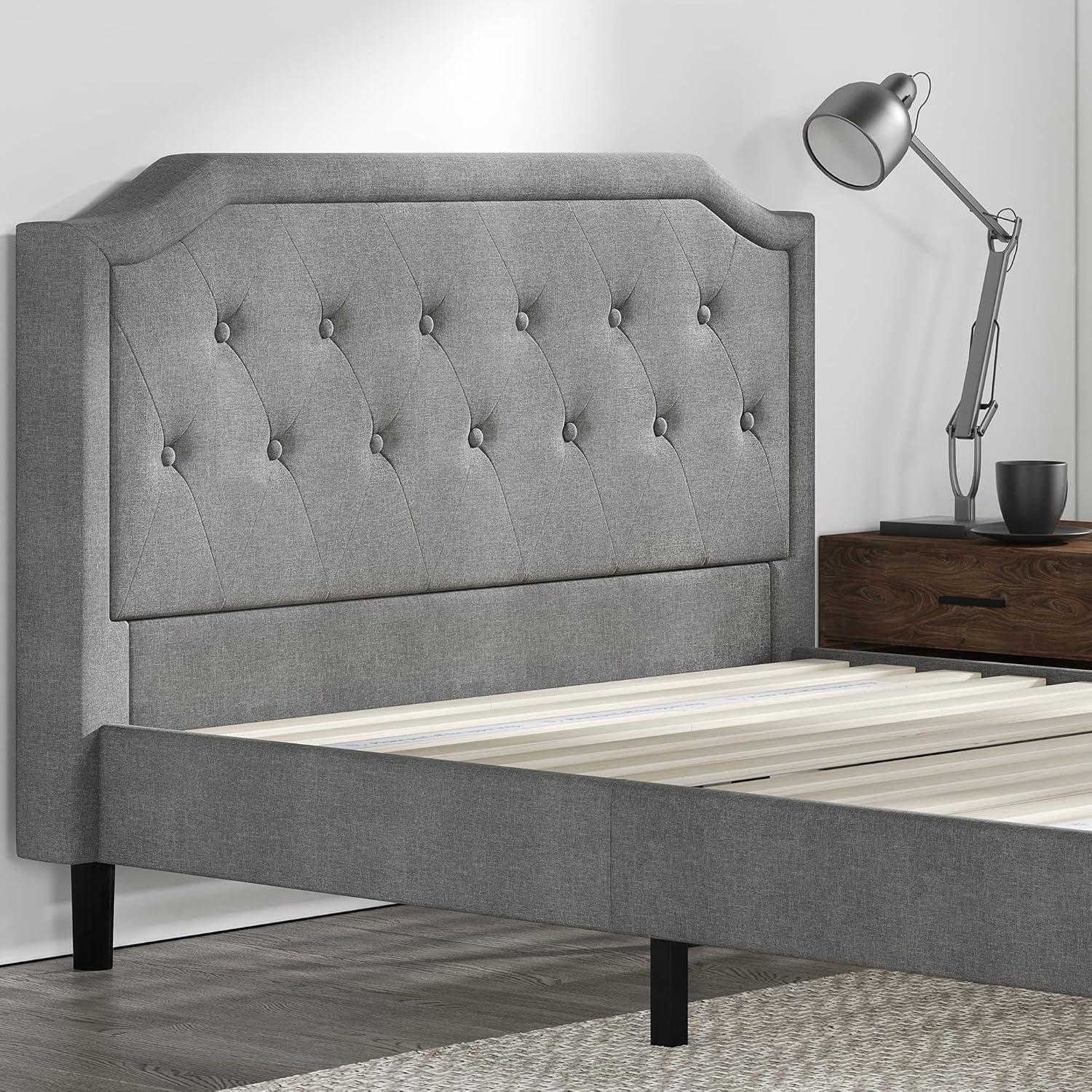 Queen-Sized Scalloped Edge Upholstered Platform Bed with Tufted Headboard