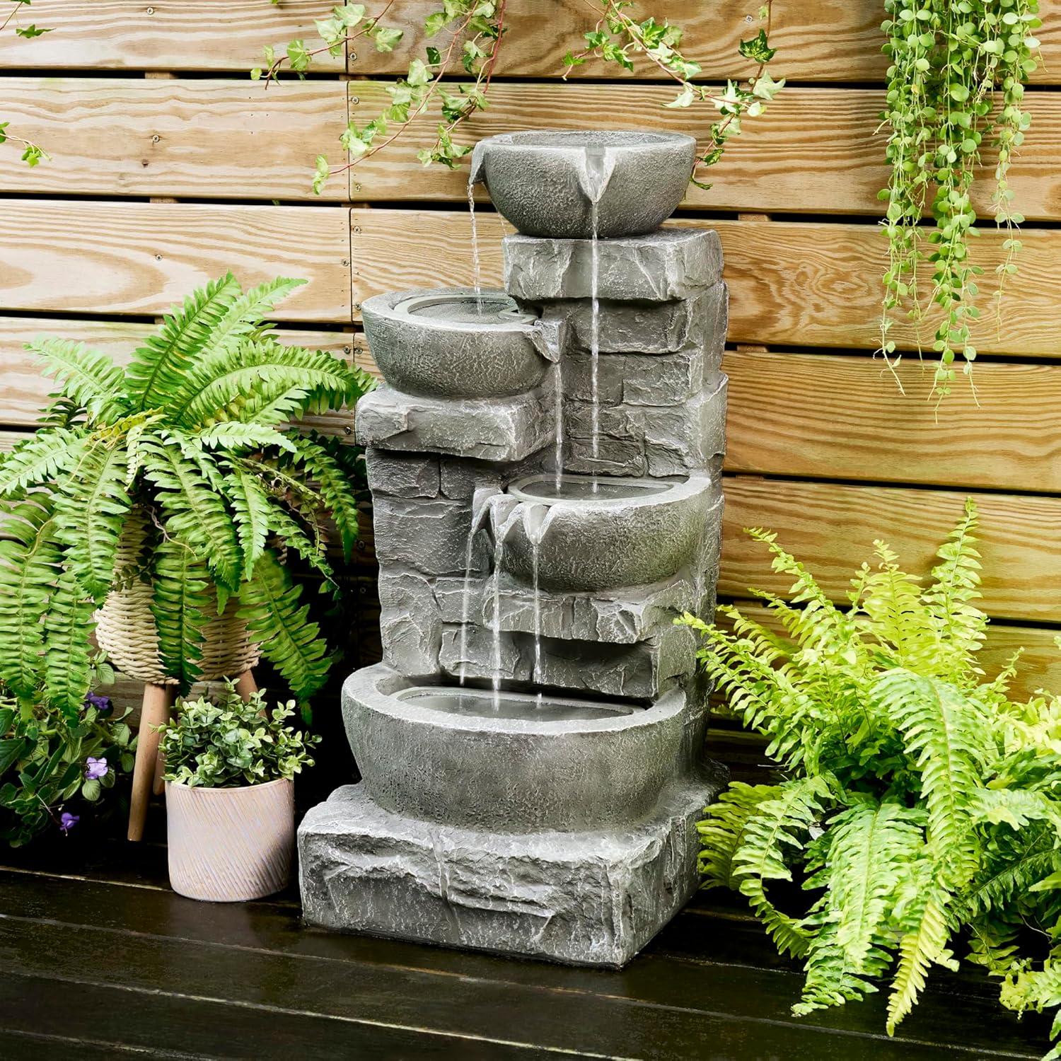 Teamson Home 33.25" Cascading Bowls & Stacked Stones LED Outdoor Water Fountain