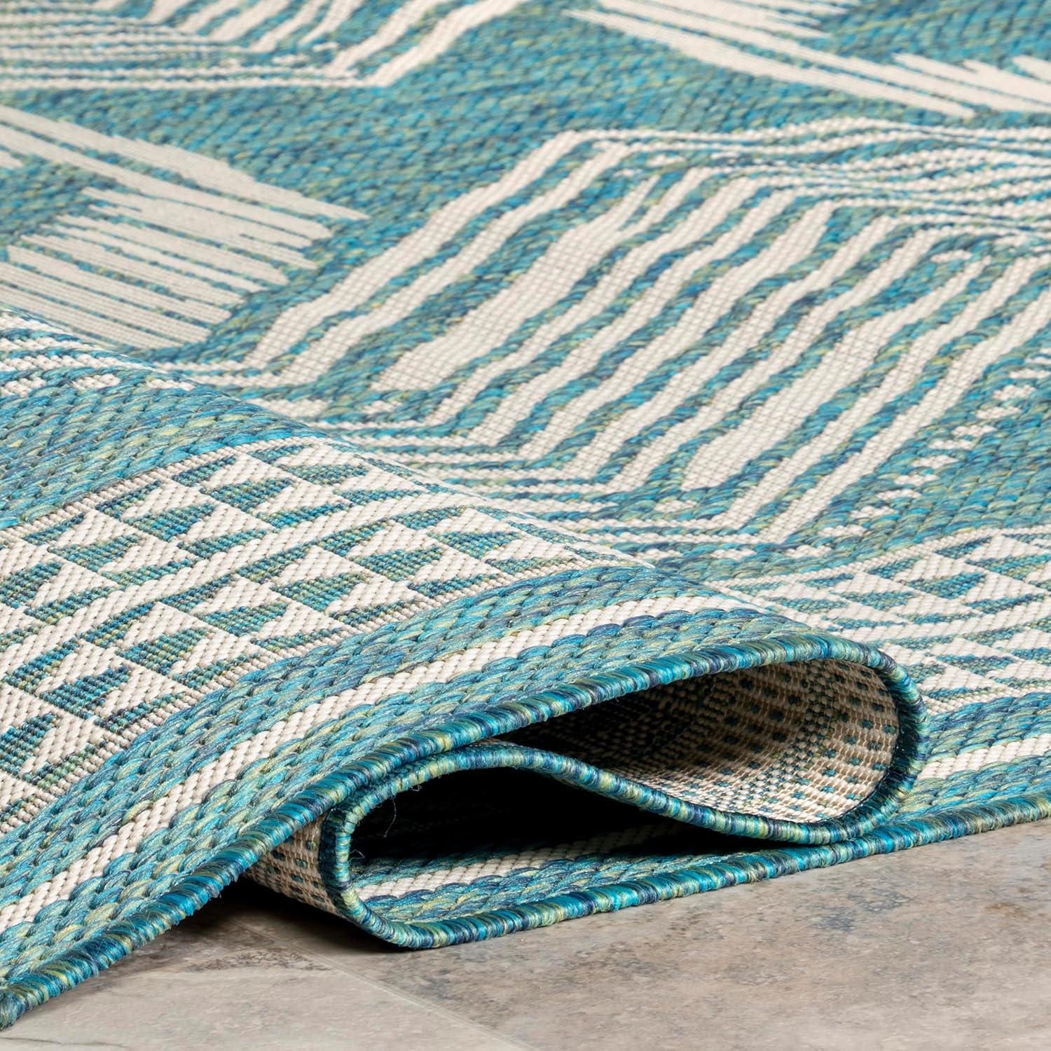 Nuloom 8x10 Outdoor/Indoor Ranya Bohmeian Area Rug, Teal, Geometric , Stain Resistant, Highly Durable, Patio, Balcony, BedroomLiving Room, Kitchen