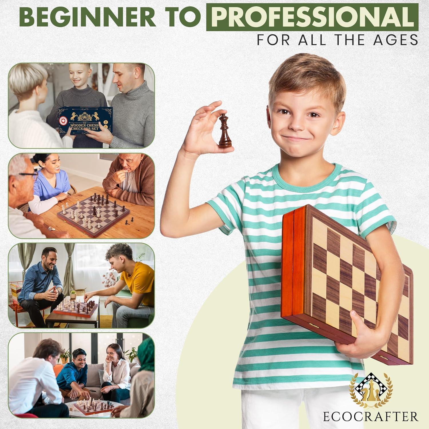 KiddiTouch 15 inch Magnetic Wooden Chess Set 2 in 1 Folding Chess Board Travel Chess Games for Adults and Kids