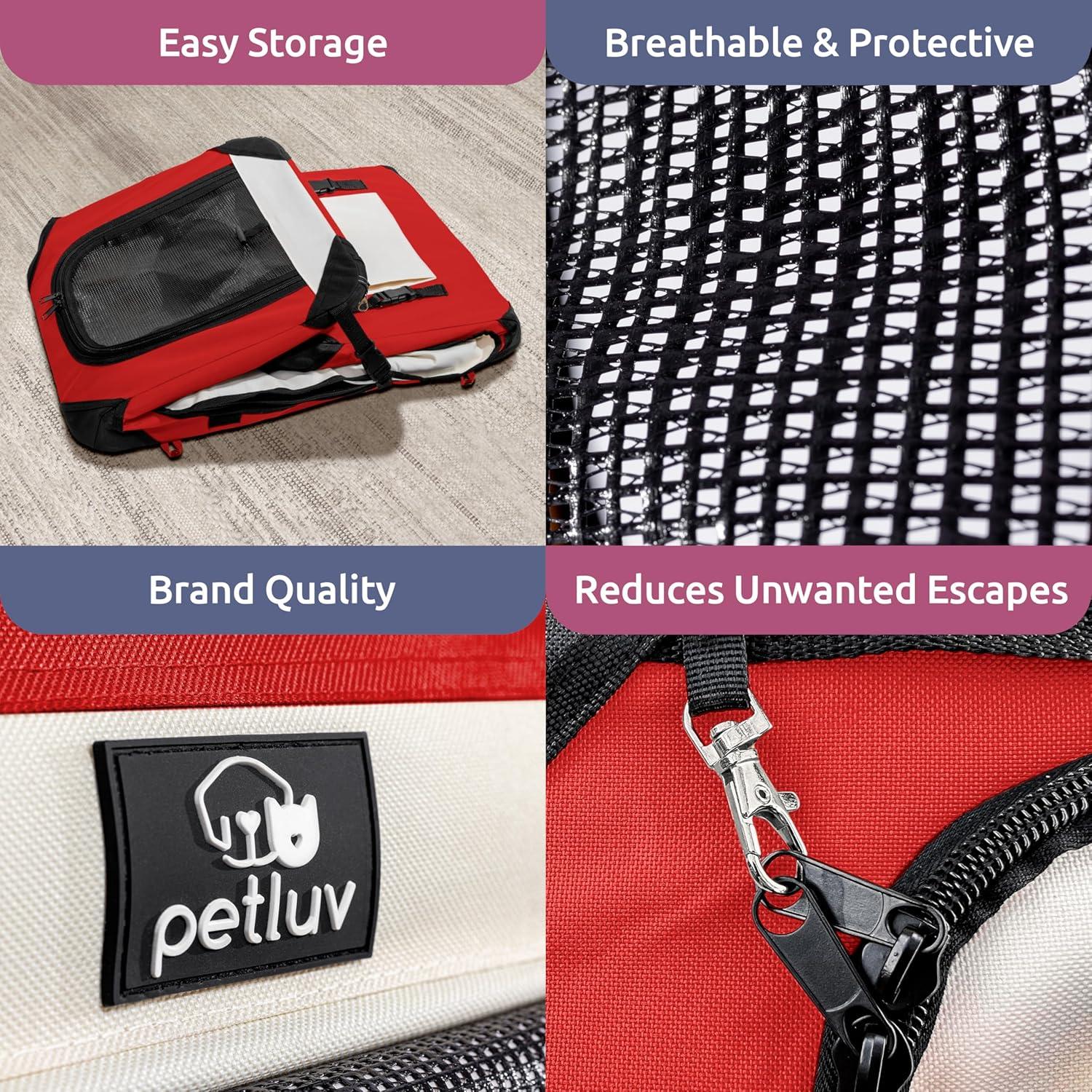 PetLuv Cat & Dog Carrier Foldable Pet Travel Crate, Removable Plush Pillow, Privacy Windows, Locking Zippers, Pocket, Seatbelt Straps, Medium Red
