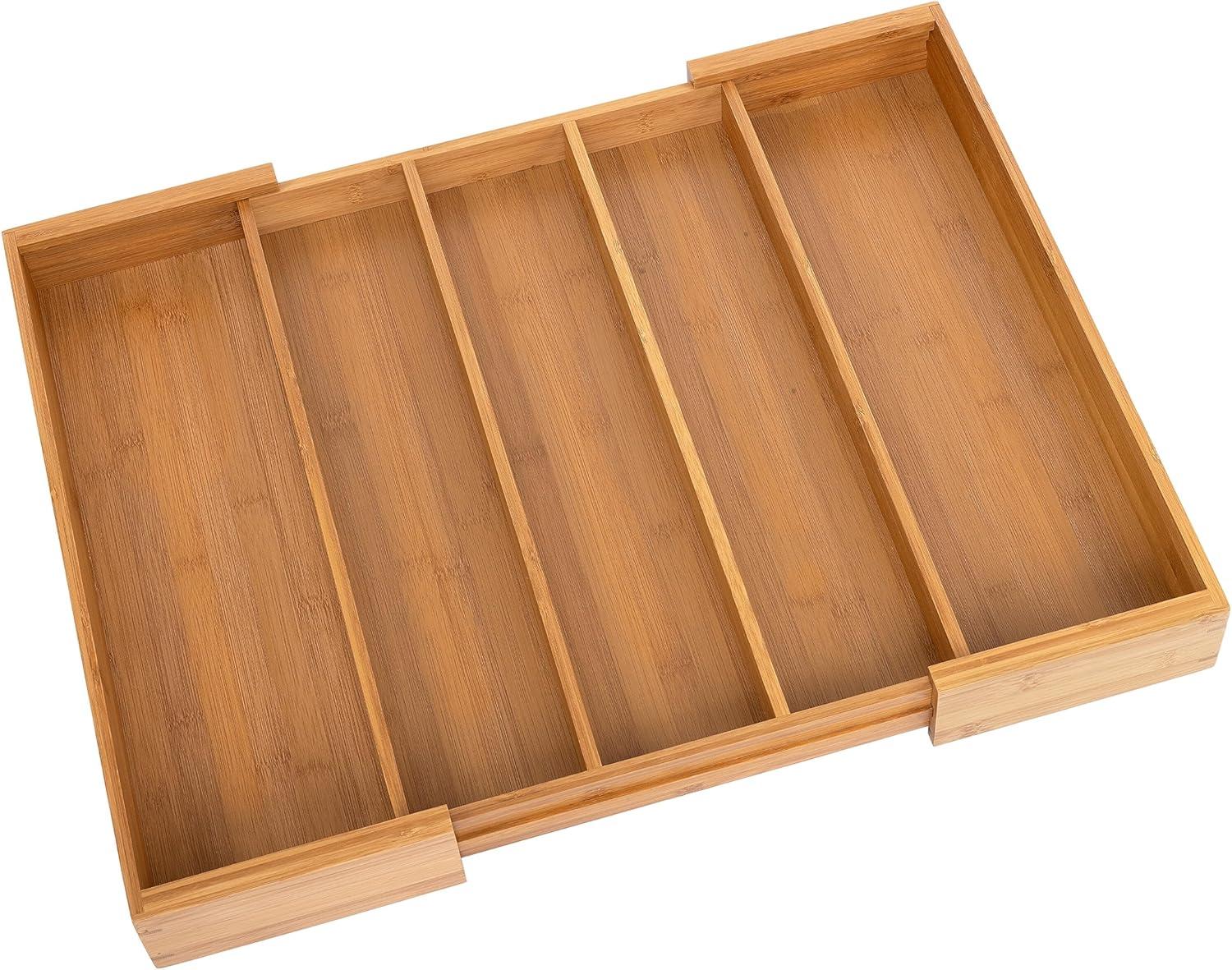 Bamboo Expandable 5 Large Compartment Adjustable Cutlery Drawer Tray Organizer