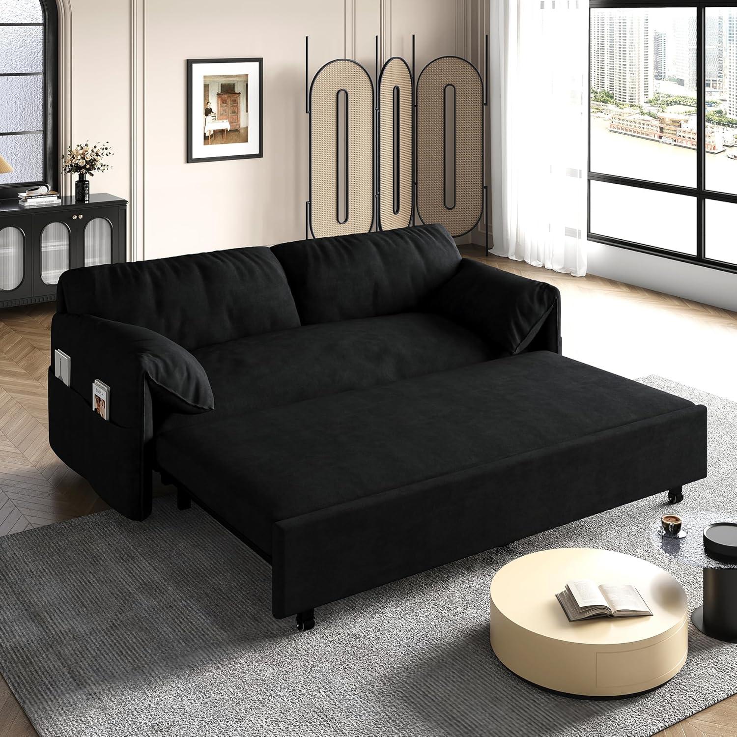 Tabaray 63.8" Futon Sofa Bed Queen Size, Pull Out Bed, 3-in-1 Convertible Sleeper Sofa with Side Pocket, Modern Plush Velvet Futon Couch for Living Room, Small Space, Apartment, Bedroom, Black