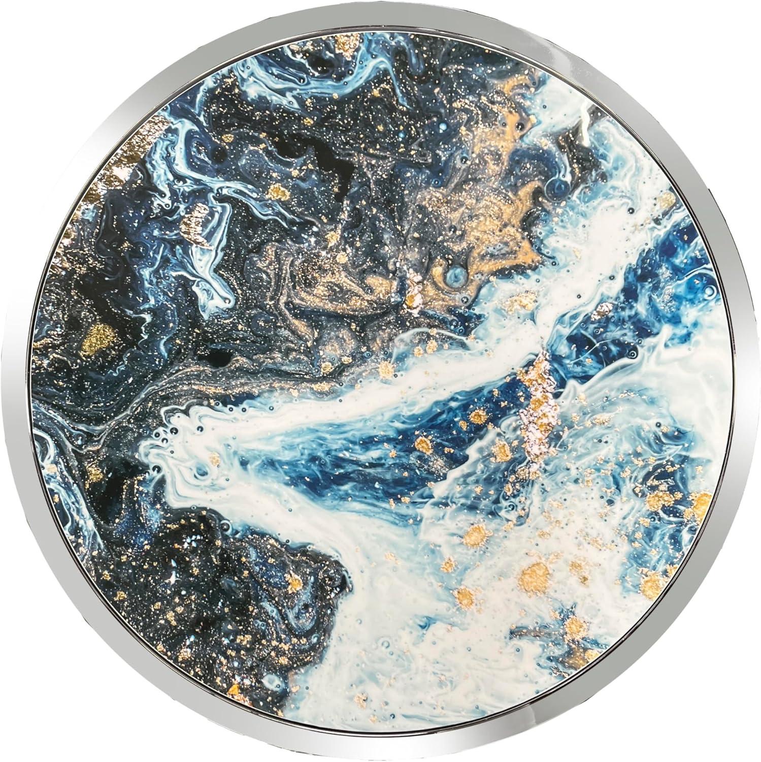 Lyda Round Blue Marble Print and Chrome End Table