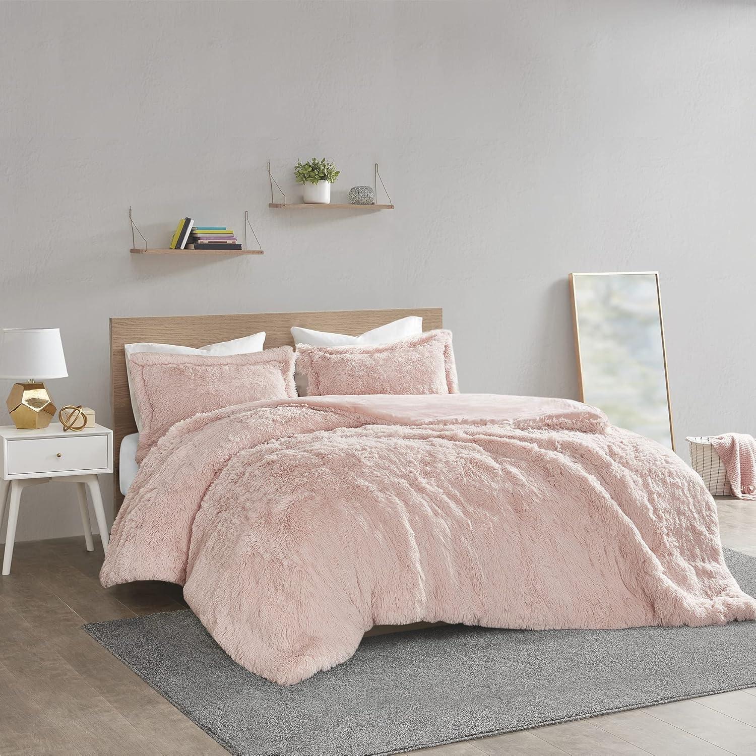 Blush Twin Shaggy Faux Fur Bedspread Cover Set