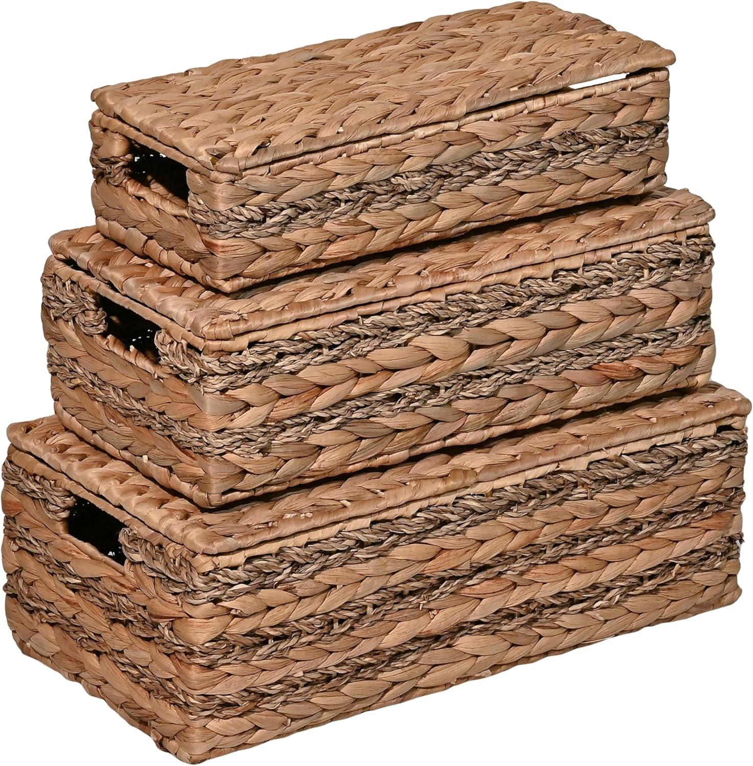 happimess Sandrine Classic Farmhouse Handwoven Hyacinth Storage Baskets with Handles and Lids, Natural (Set of 3)