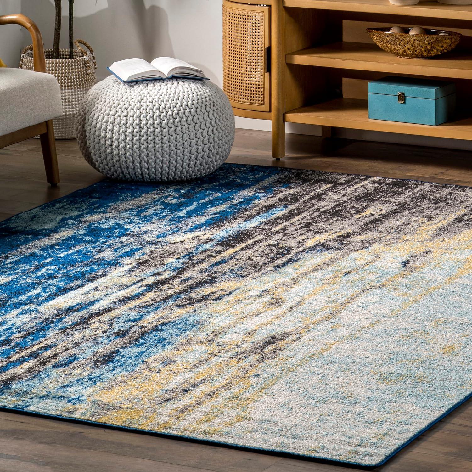 Modern Abstract Blue 8' Square Synthetic Area Rug