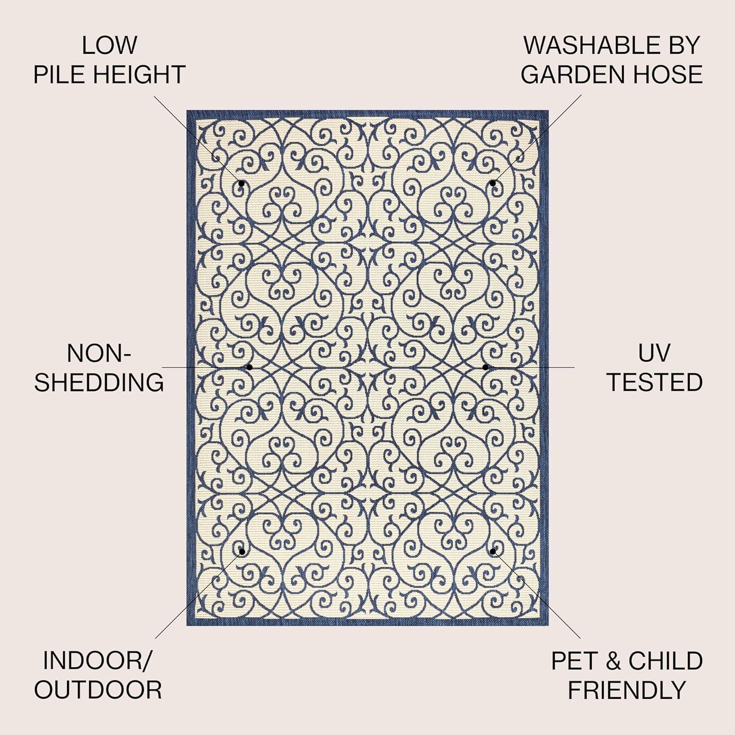 Madrid Navy and Beige Filigree 4' x 6' Synthetic Area Rug