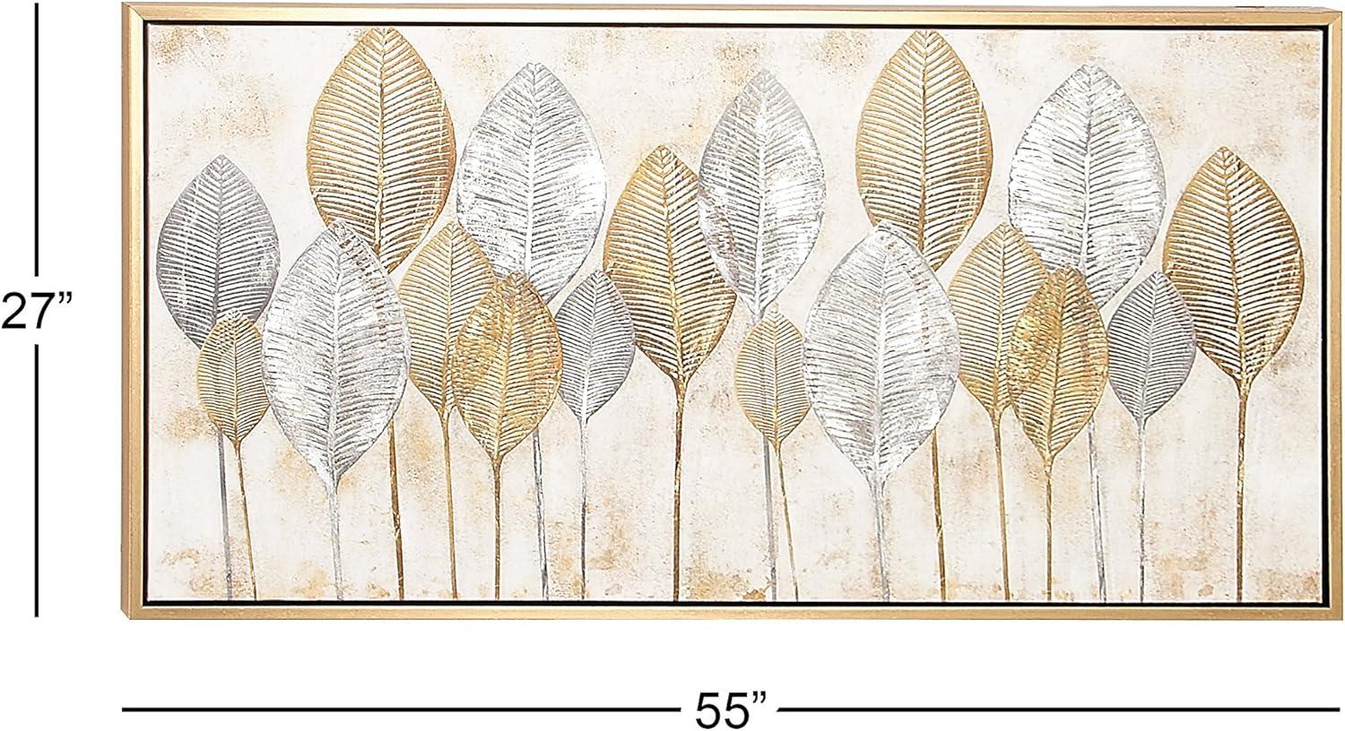 Canvas Leaf Living Room Framed Wall Art with Silver Accents and Gold Frame