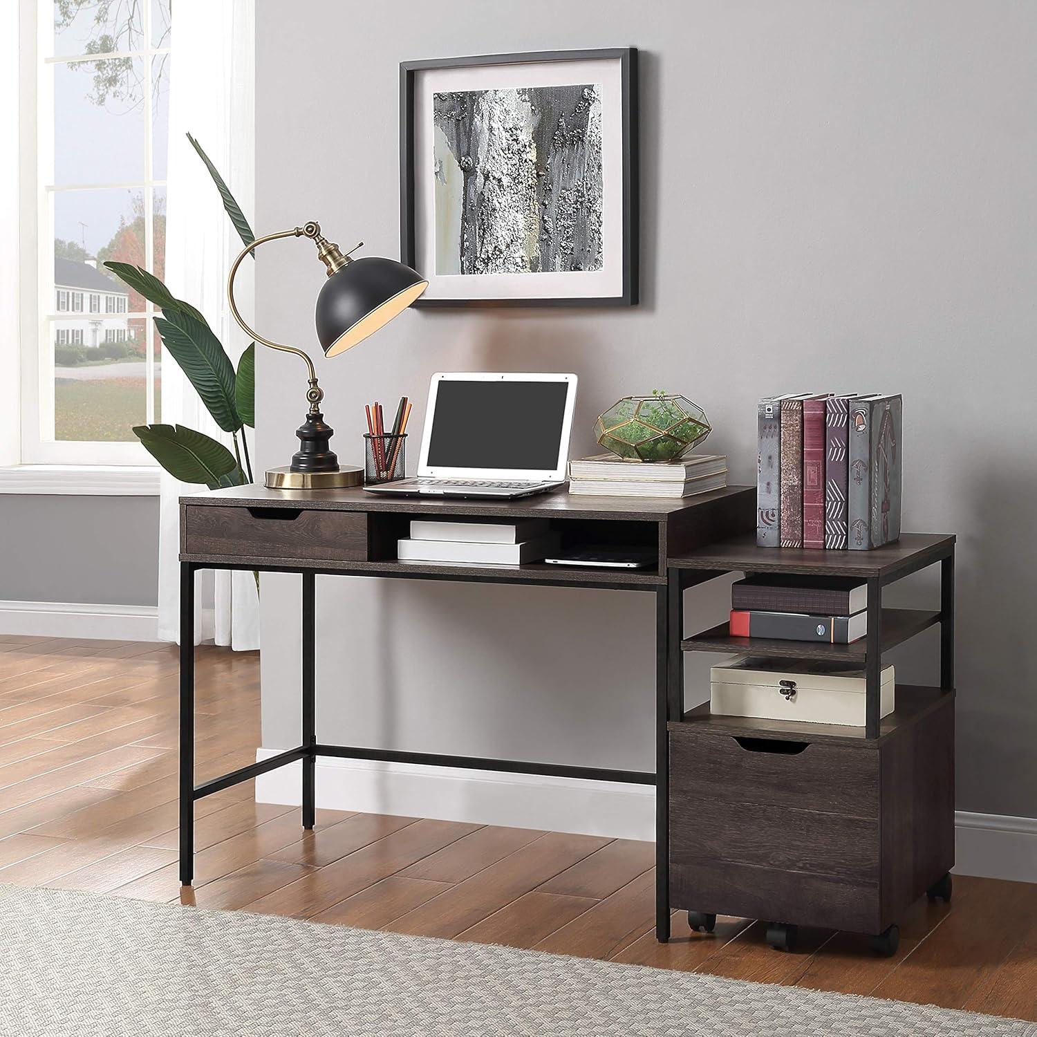 Contempo 40-Inch Desk with Drawer and Shelf in Brown Wood Grain Finish