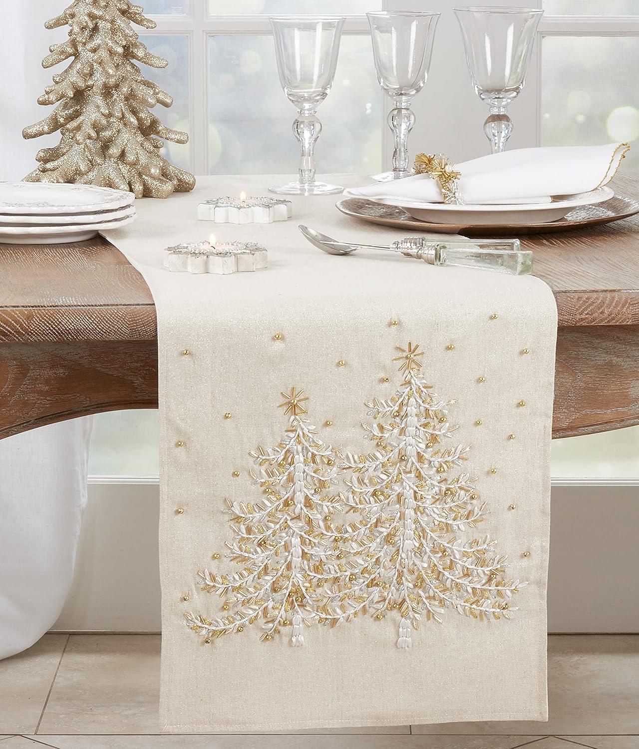 Natural Embroidered Christmas Tree Table Runner, 14" x 72"