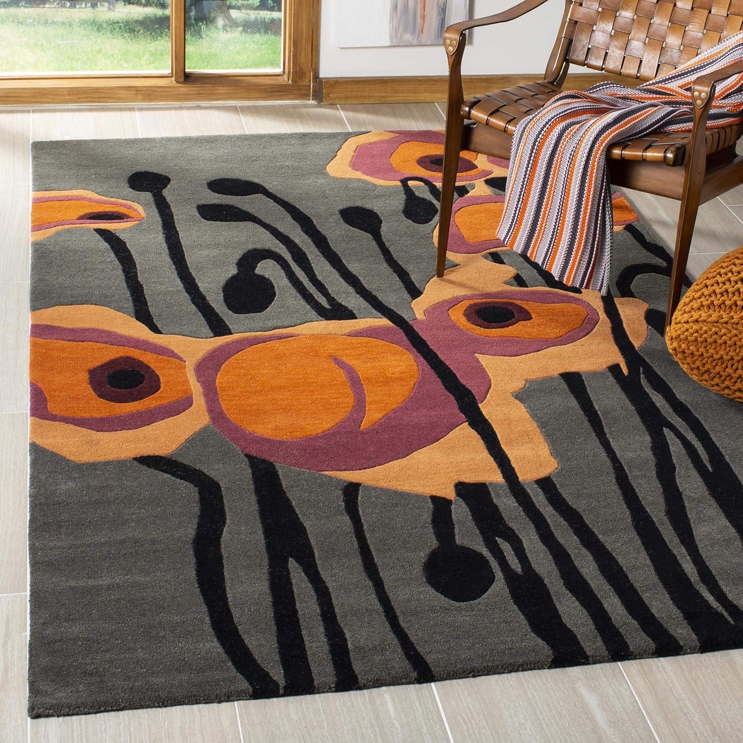 Grey and Orange Tufted Wool Area Rug, 5' x 8'