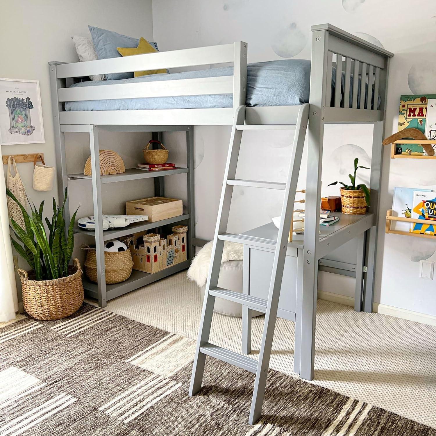 Max & Lily Loft Bed, Solid Wood Twin High Loft Bed with Bookcase and Desk for Kids, White