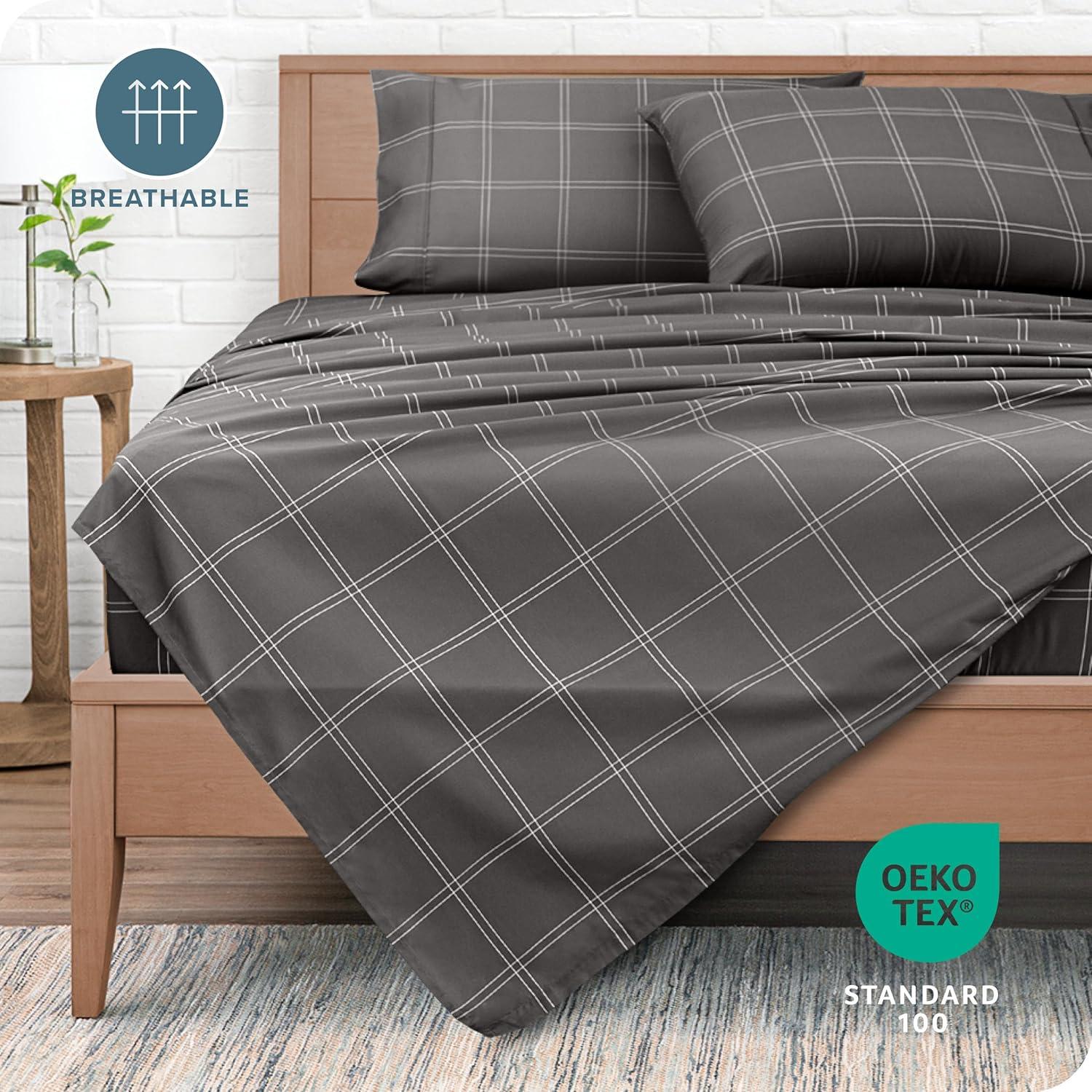 Twin XL Grey and White Plaid Microfiber Sheet Set