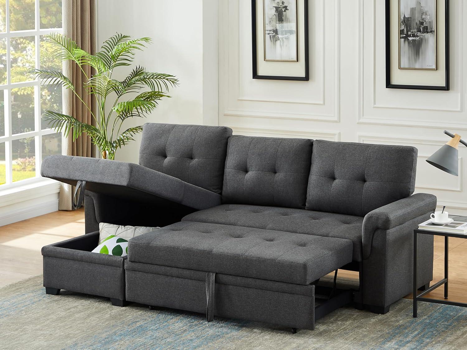 Lucca Dark Gray Linen Tufted Sectional Sofa with Storage Chaise