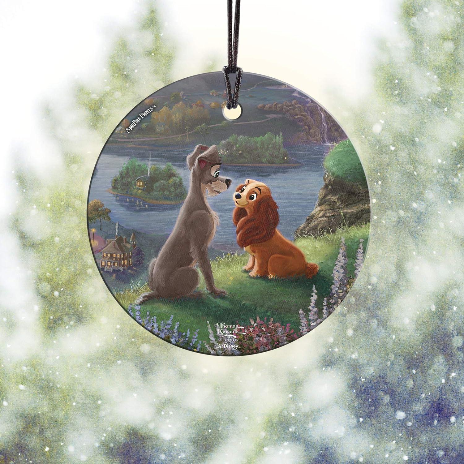 Disney – Lady and The Tramp – Falling in Love – Thomas Kinkade – 3.5” Starfire Prints Hanging Glass Print Accessory - Ideal for Gifting and Collecting – by Trend Setters Ltd.