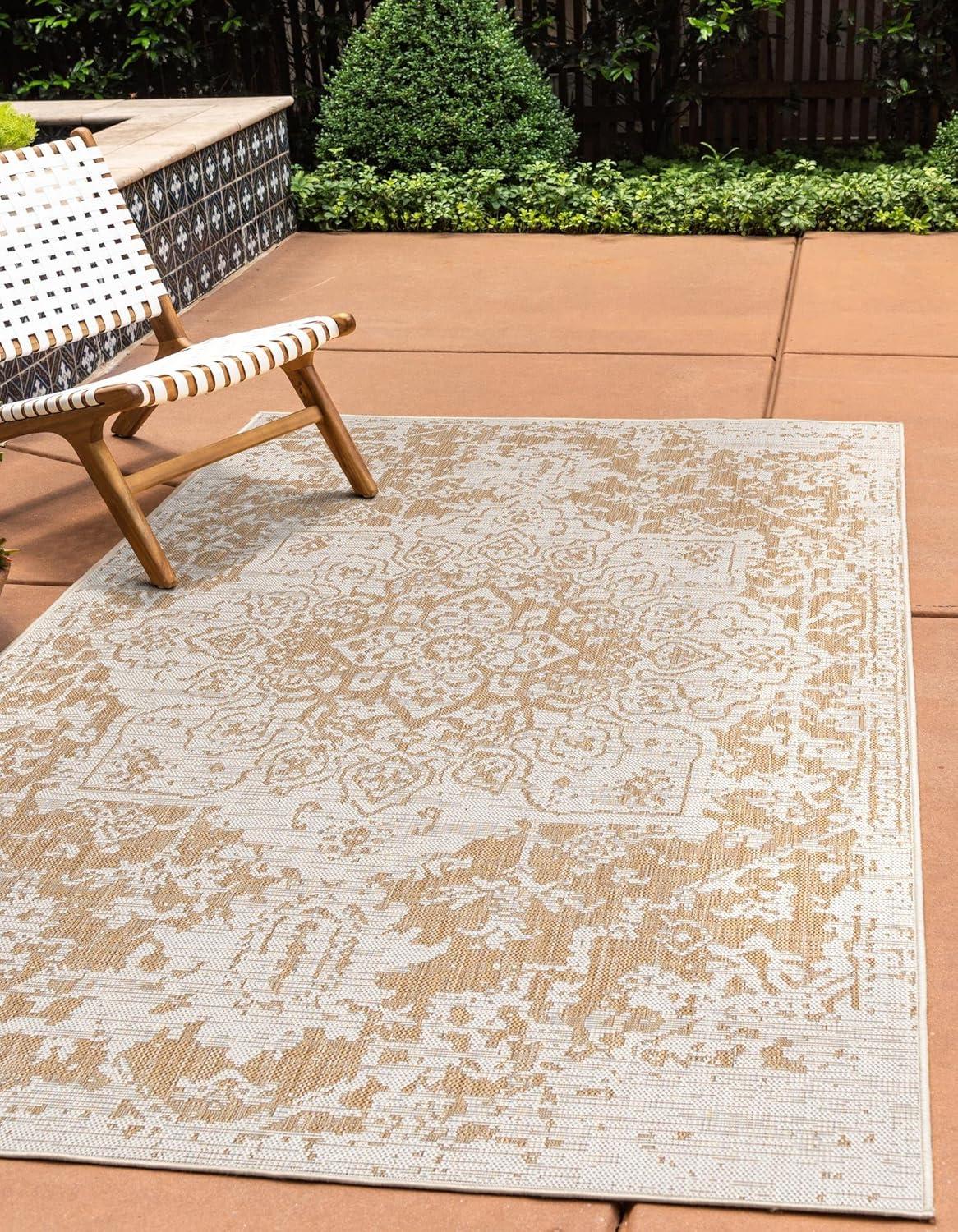 Beige and Brown Square Outdoor Flat Woven Rug