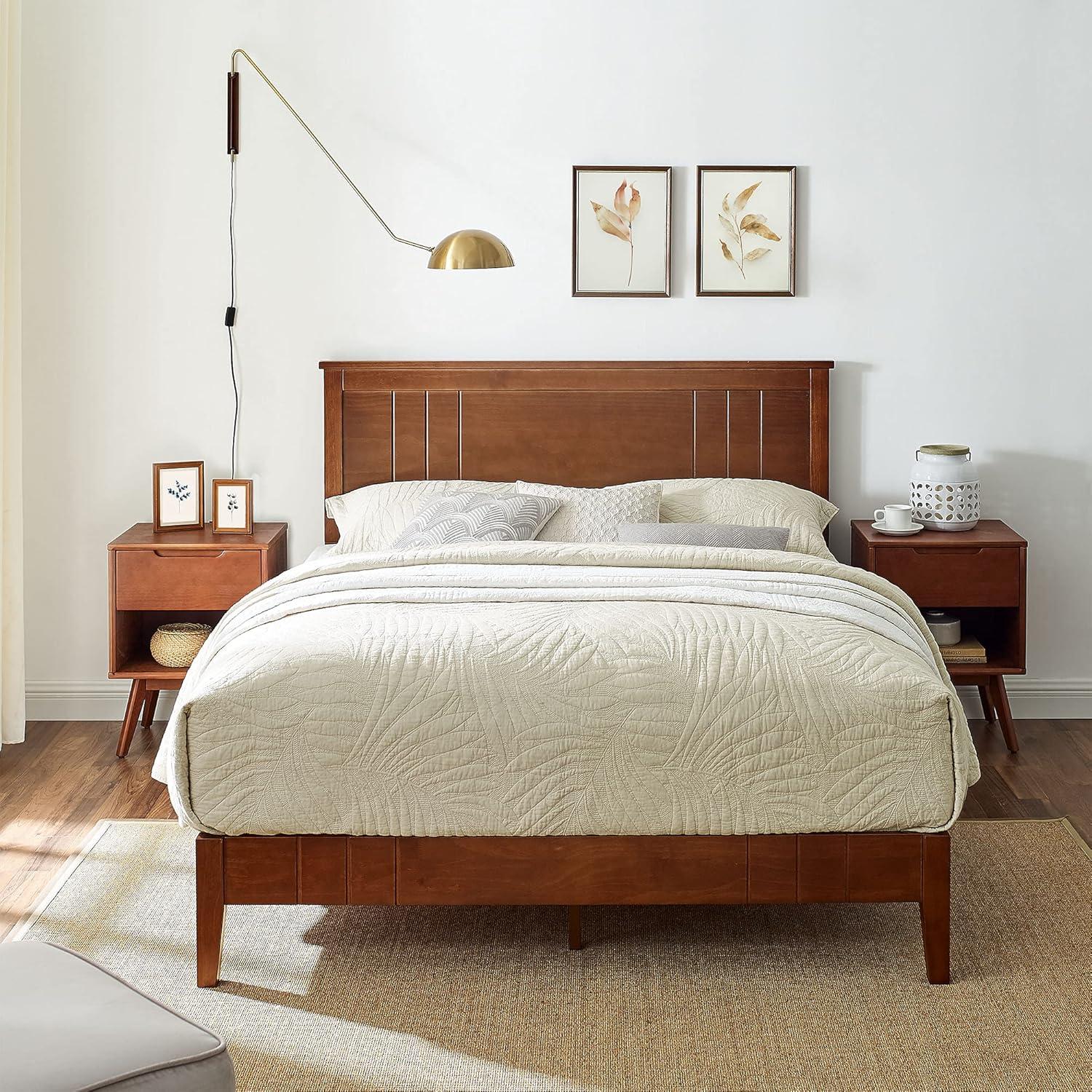 MUSEHOMEINC Easy Assembly Solid Pinewood Mid Century Platform Bed with Headboard and Slat Supports, No Box Spring Needed